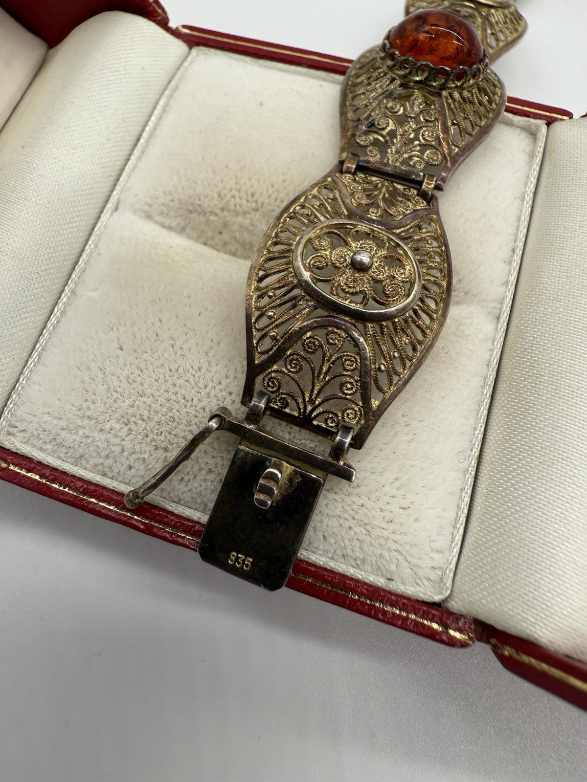 VINTAGE FILIGRANES DAMENARMBAND AUS 800 SILBER MIT BERNSTEIN - VERGOLDET