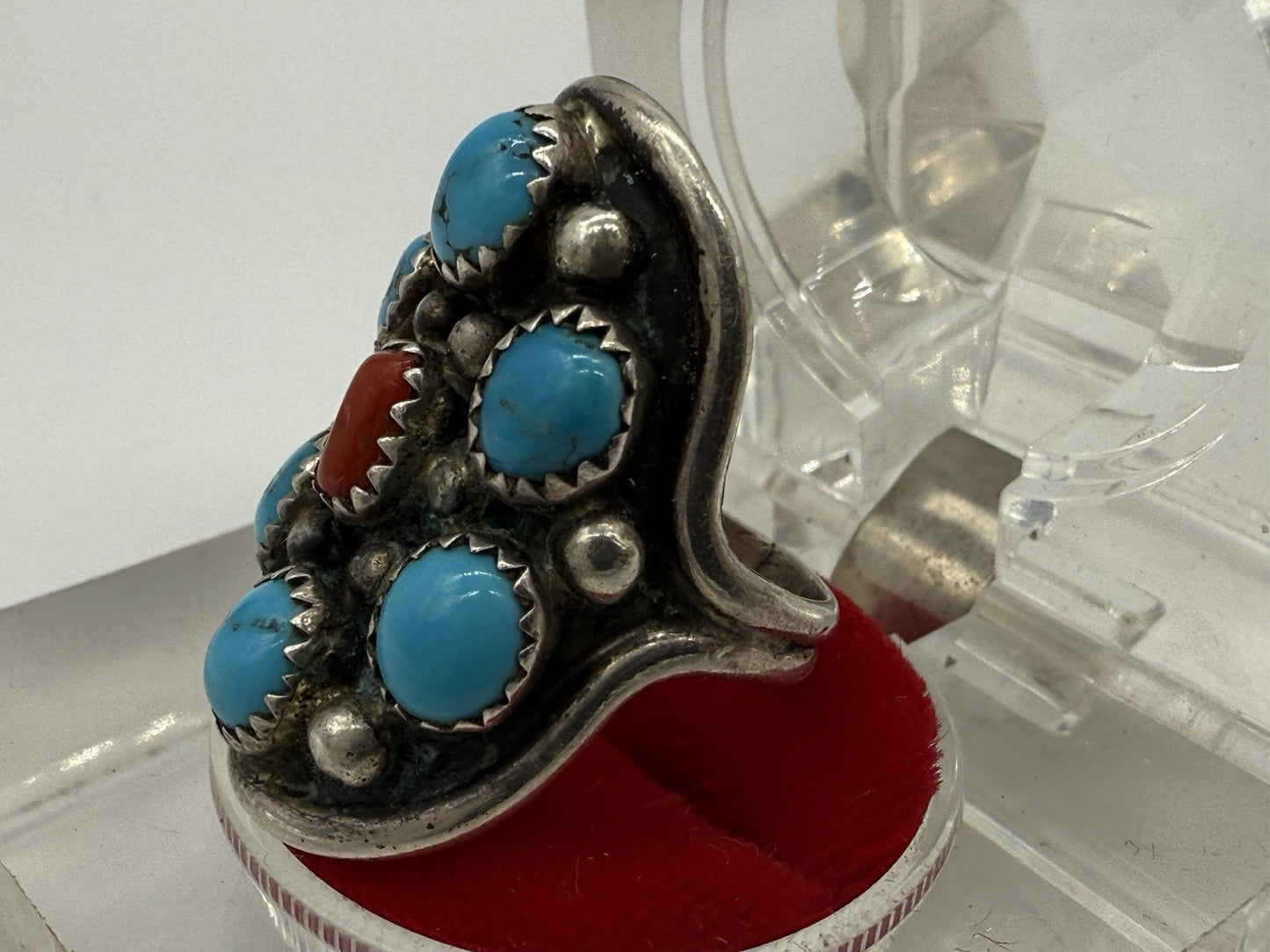 NAVAJO RING 925 SILBER BLAU TÜRKIS & KORALLE SIGNIERT ELGIN HASKEY GR.57