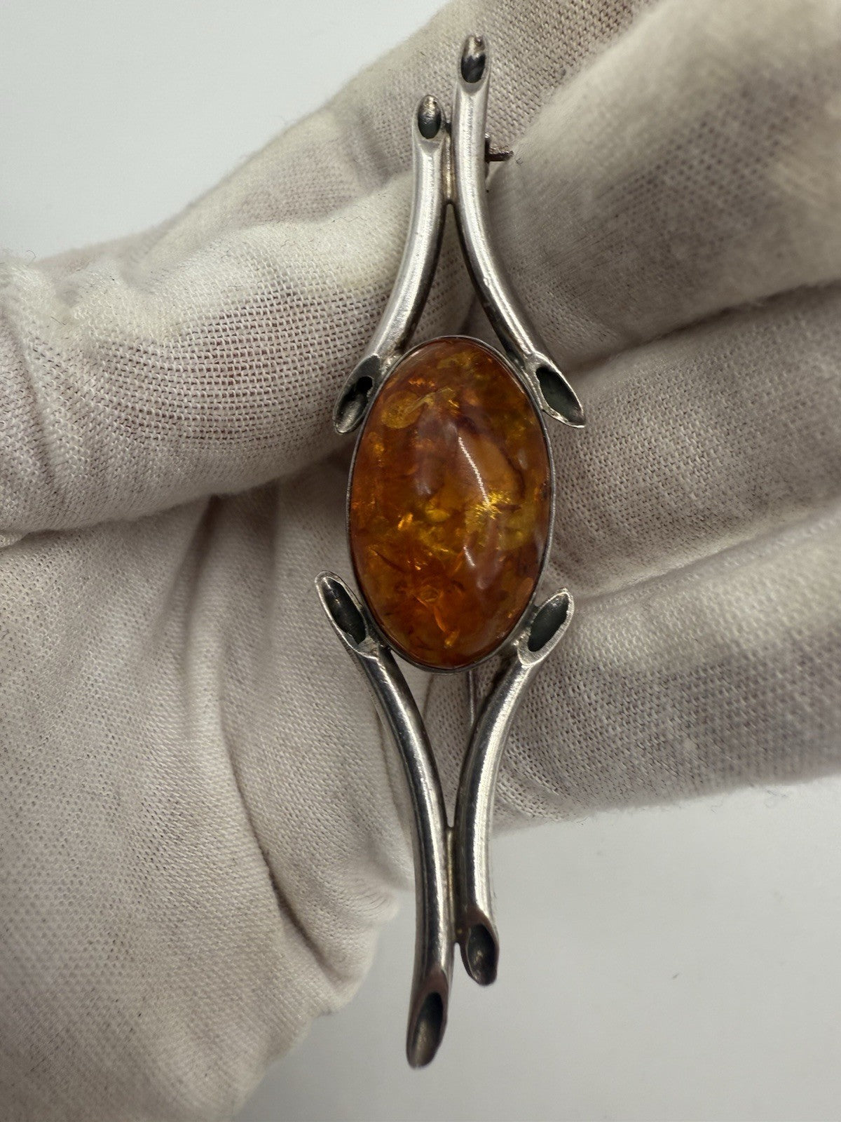 ANTIKE 925er SILBER BROSCHE BERNSTEIN VINTAGE RETRO
