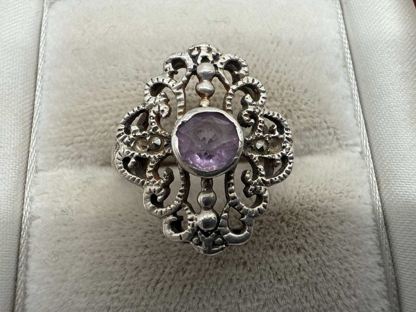 VINTAGE ART DECO STERLING SILBER AMETHYST FILIGRAN RING GR.56