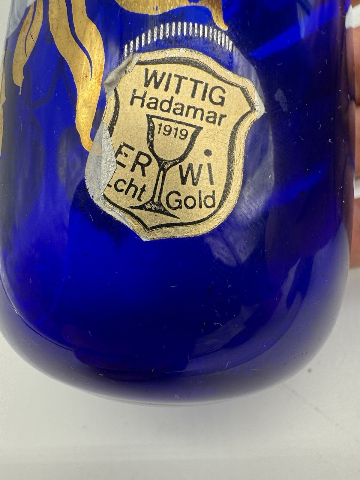 KOBALTBLAU JUGENDSTIL GLASVASE VERGOLDET ANTIK WITTIG HANDMADE 1919 16cm