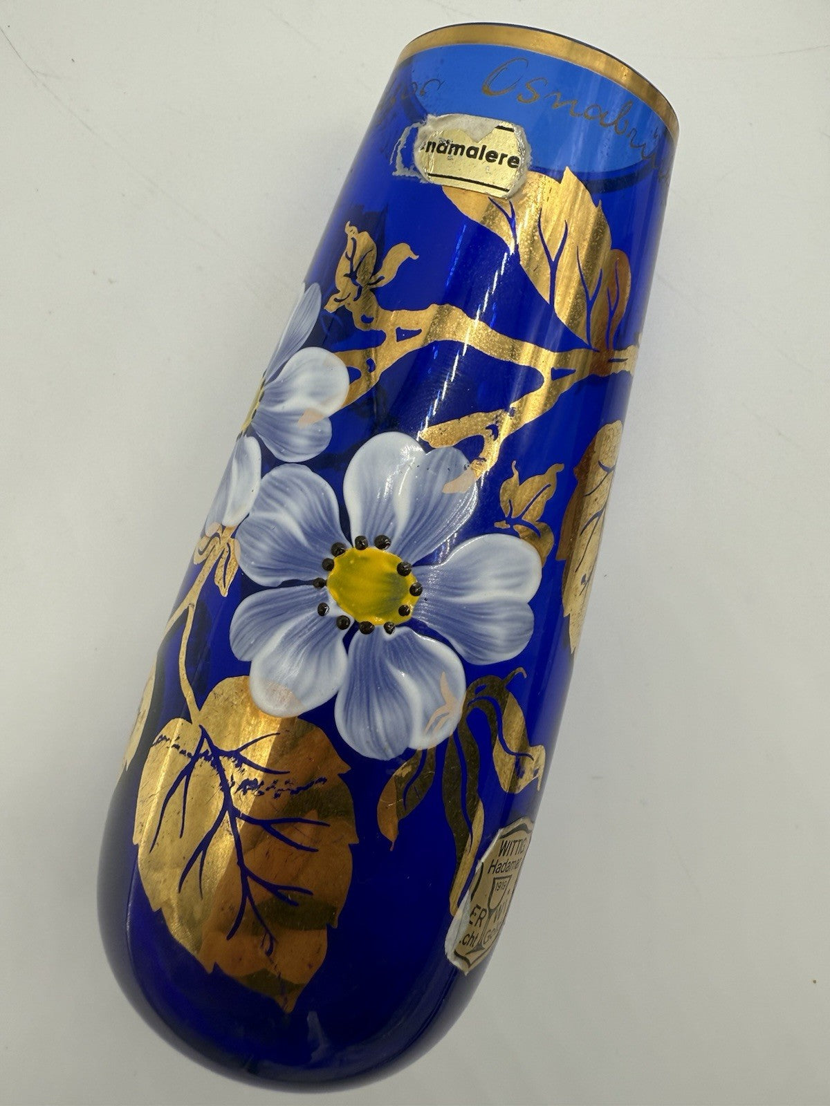 KOBALTBLAU JUGENDSTIL GLASVASE VERGOLDET ANTIK WITTIG HANDMADE 1919 16cm
