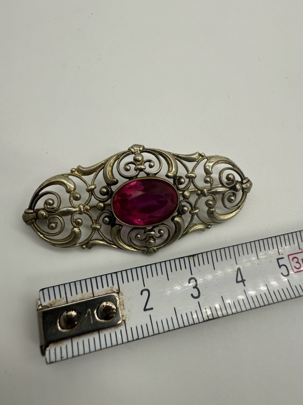 JUGENDSTIL BROSCHE ANSTECKNADEL ECHTSILBER FILIGRAN MIT ROSA ROTEM STEIN