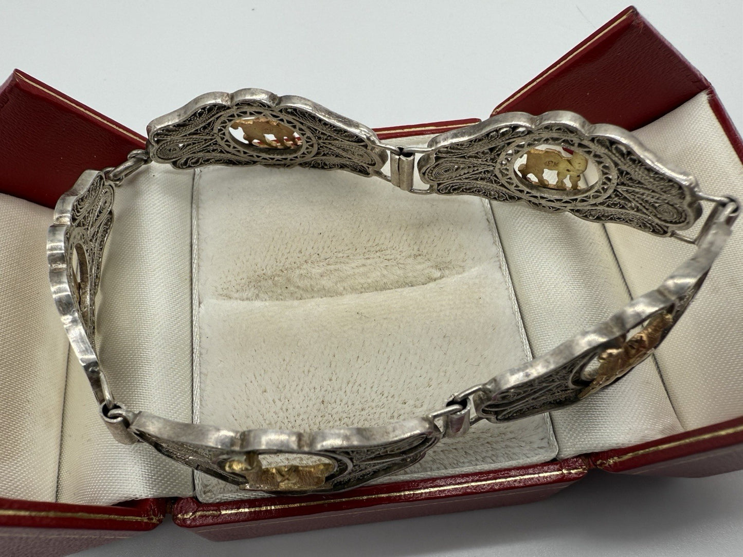 VINTAGE PERUANISCHES ARMBAND SILBER MIT 18K GOLD TIERMOTIV LAMA 20cm