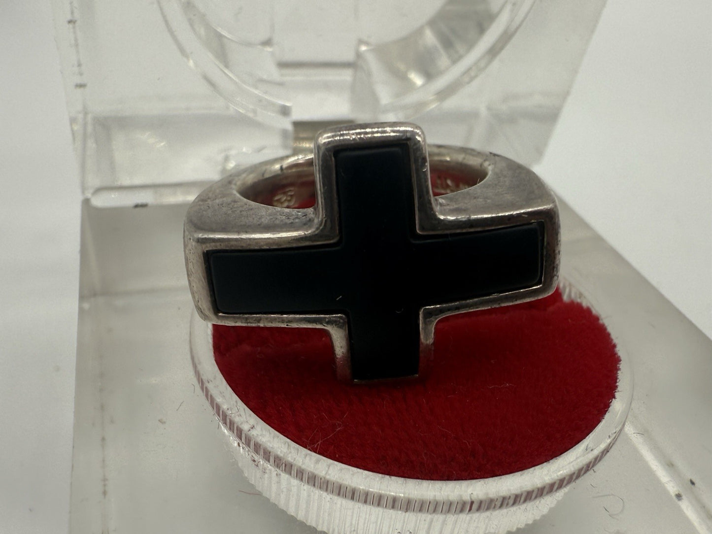 VINTAGE 925 SILBER RING ESPRIT MIT SCHWARZEM KREUZ GR.55