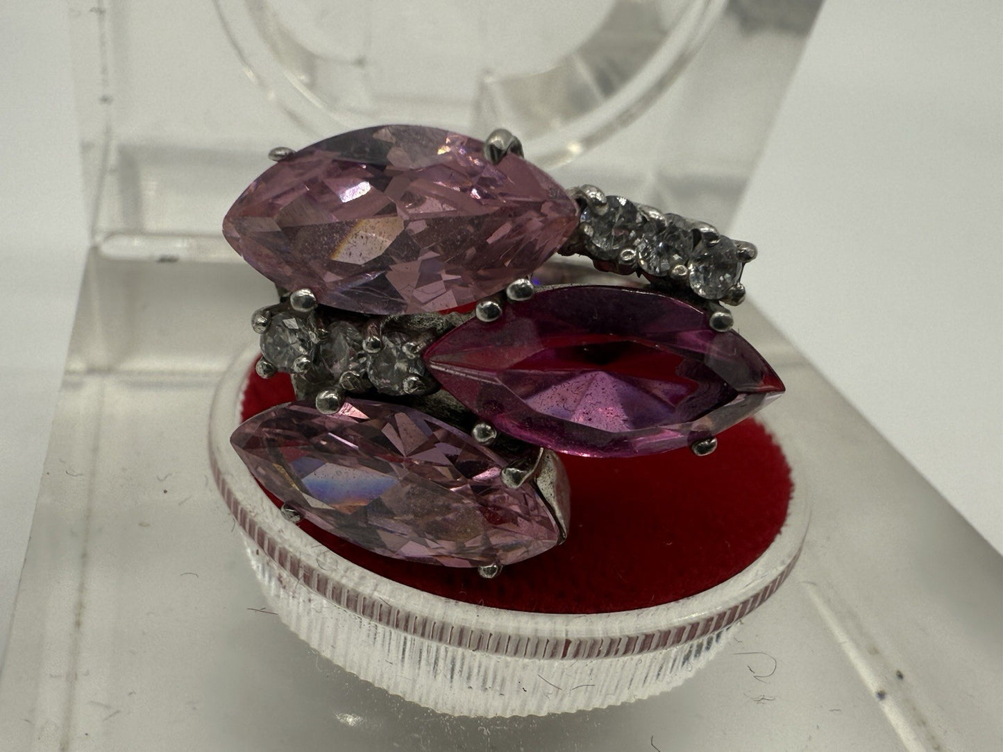 VINTAGE DAMEN RING 925 SILBER - PINKE NAVETTE-KRISTALLE & ZIRKONIA GR.58