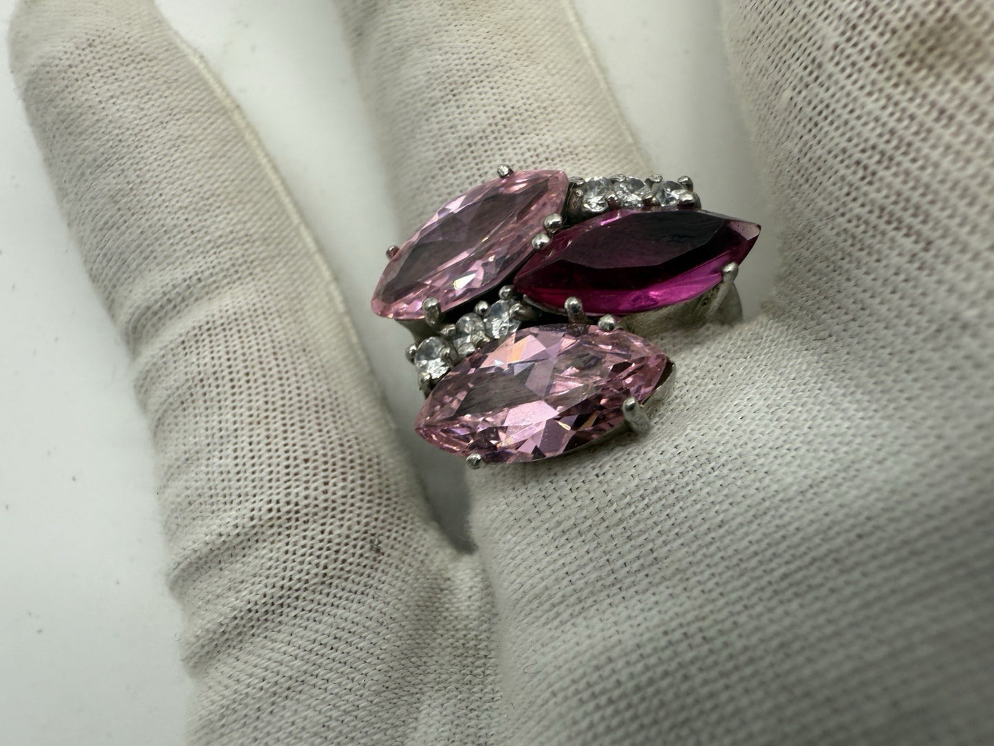 VINTAGE DAMEN RING 925 SILBER - PINKE NAVETTE-KRISTALLE & ZIRKONIA GR.58