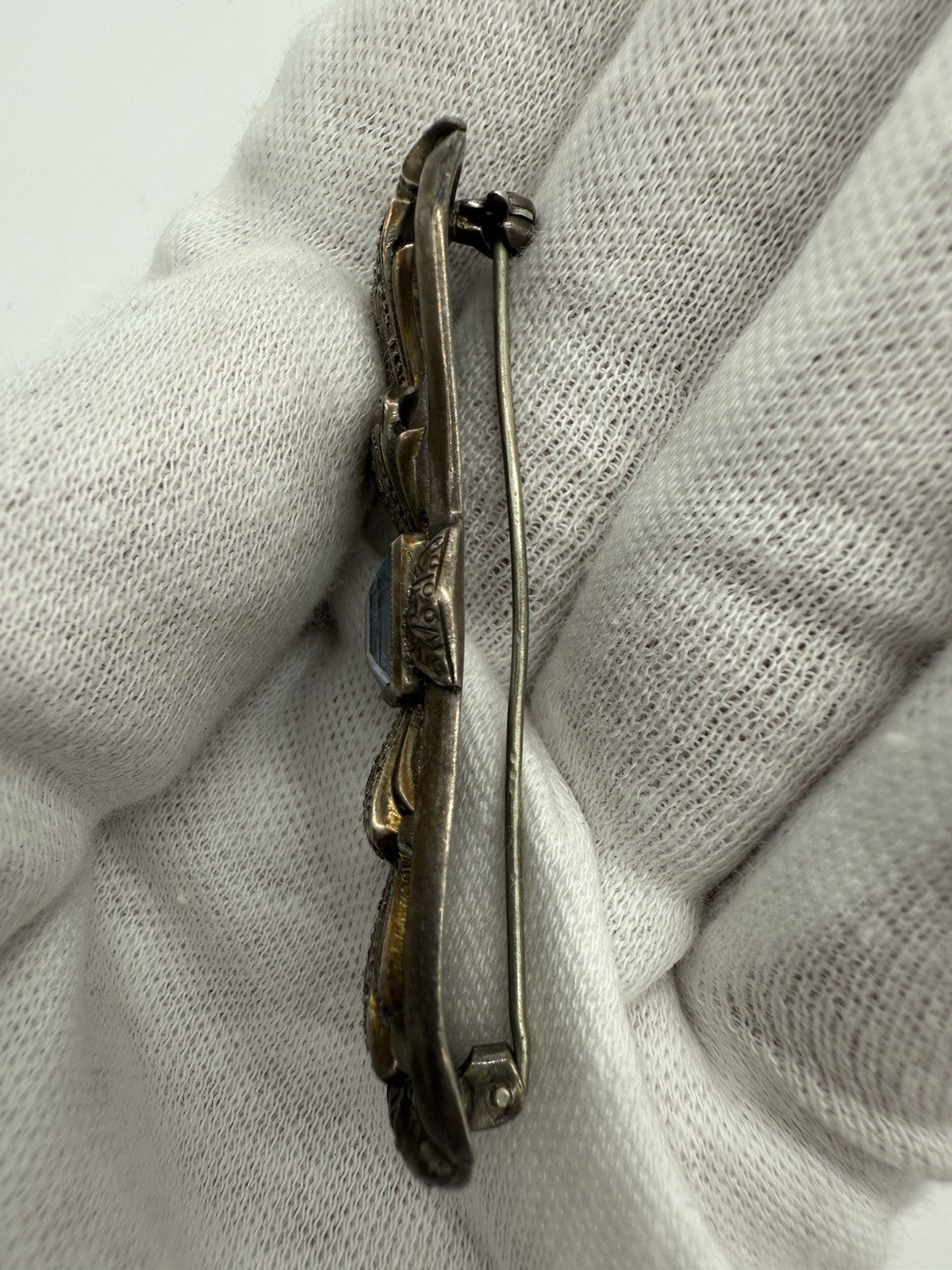 ART DECÒ HELLBLAUER AQUAMARIN BROSCHE 835 SILBER 1930s HELLBLAU