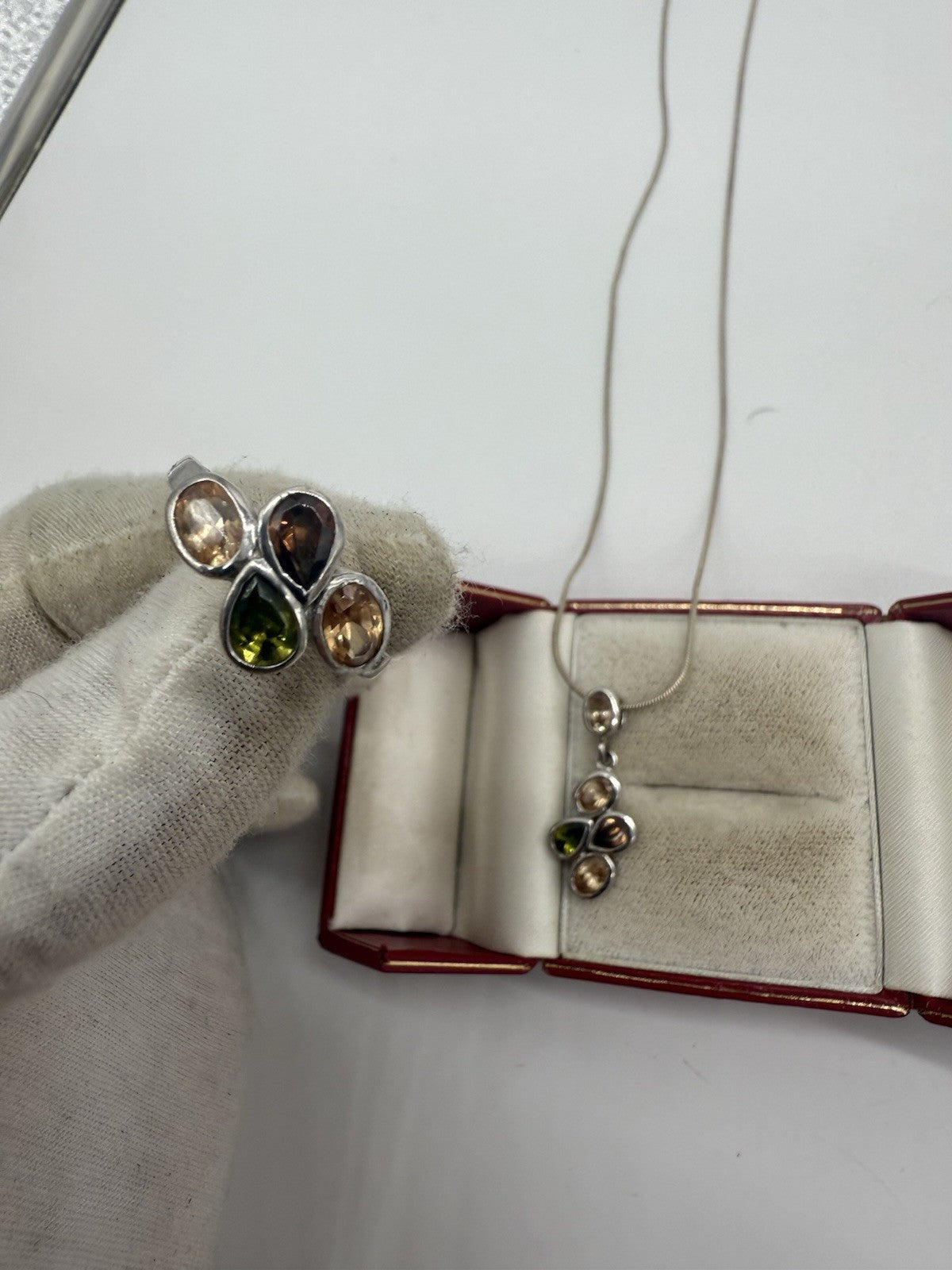 SILBERSCHMUCK SET 925 ANHÄNGER & RING GR.55 MIT FACETTIERTEN EDELSTEINEN