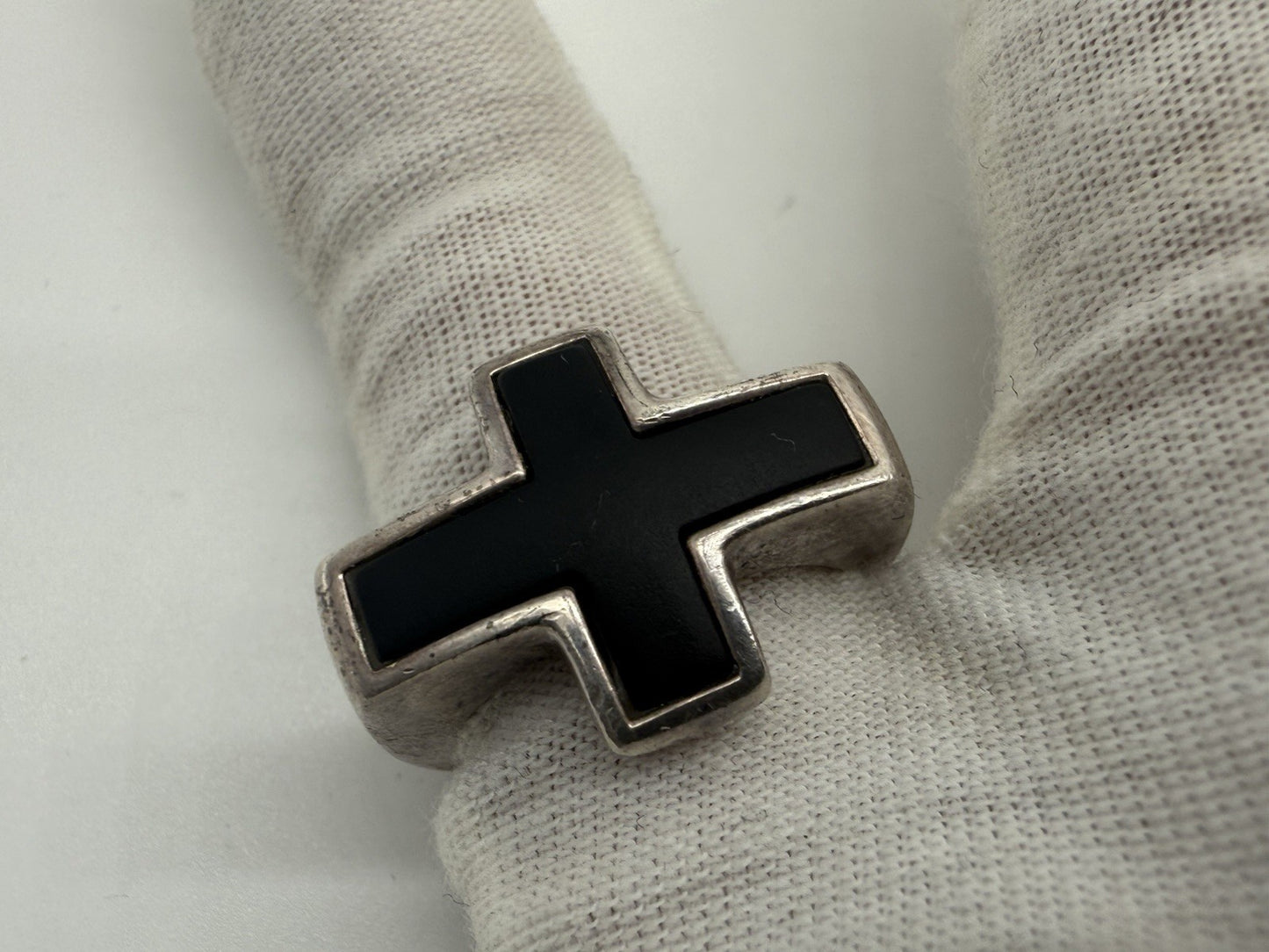 VINTAGE 925 SILBER RING ESPRIT MIT SCHWARZEM KREUZ GR.55