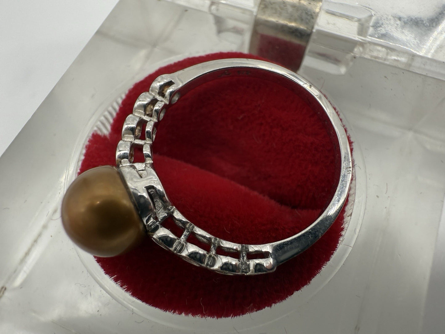 VINTAGE 925 STERLING SILBER VERLOBUNGSRING MIT GOLDENER PERLE GR.57