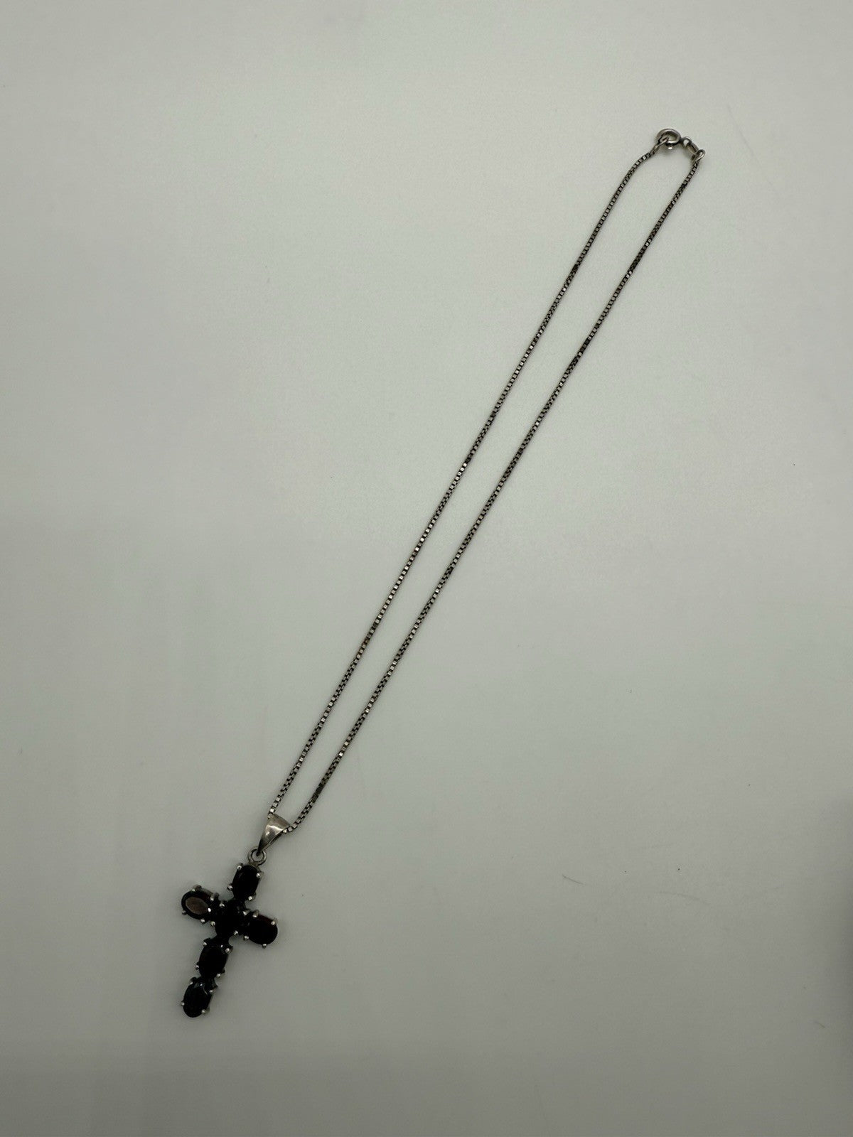 VINTAGE GRANAT STERLING SILBER KREUZ ANHÄNGER + 925 SILBERKETTE 40cm