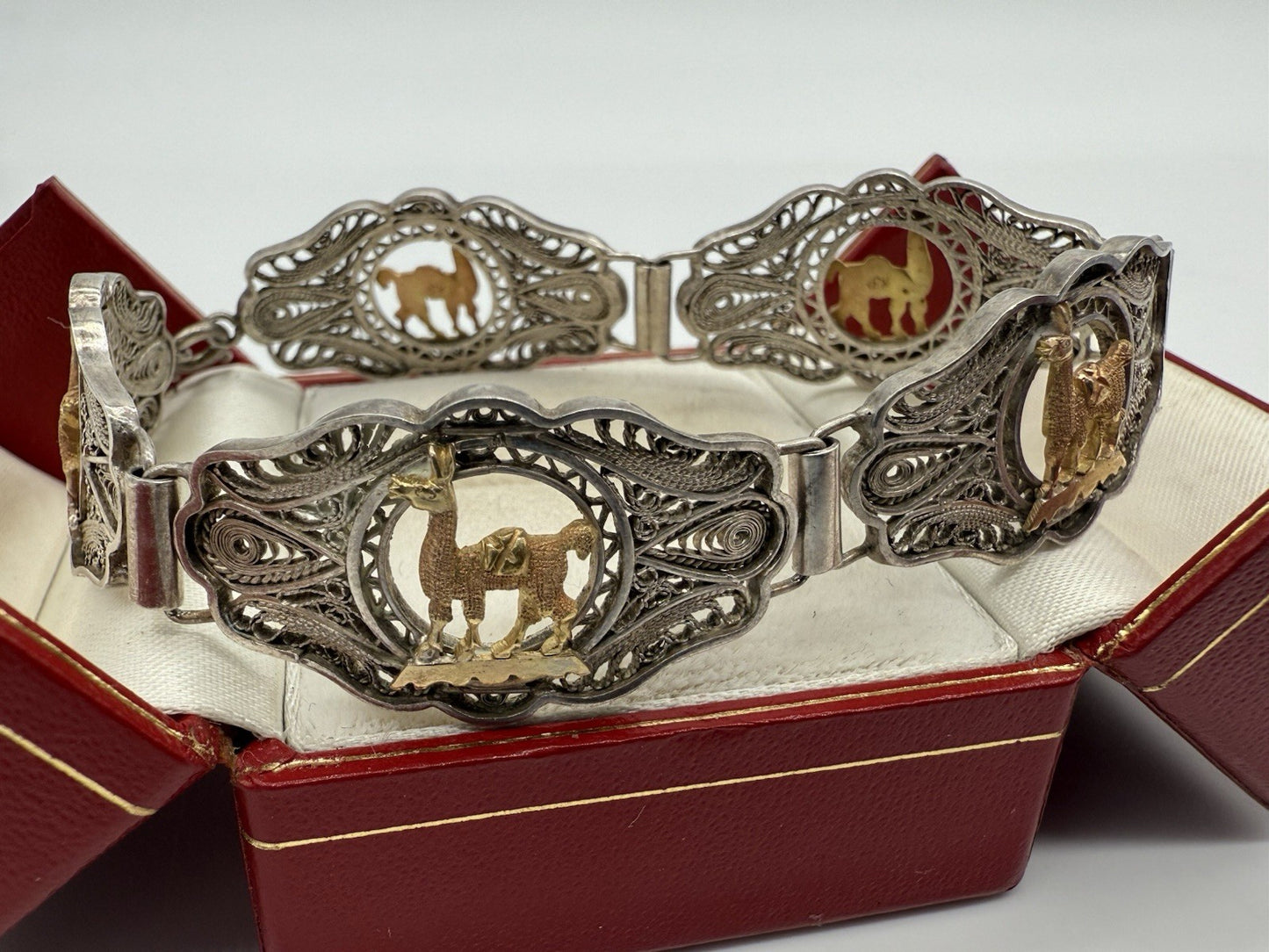 VINTAGE PERUANISCHES ARMBAND SILBER MIT 18K GOLD TIERMOTIV LAMA 20cm