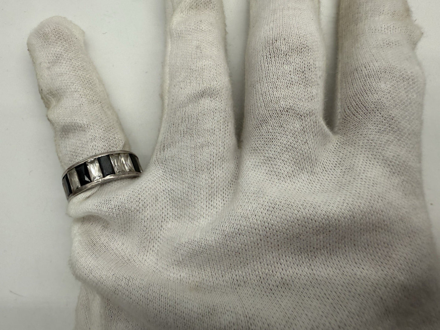 VINTAGE SILBER RING MIT ONYX UND ZIRKONIA BESATZ GR.58