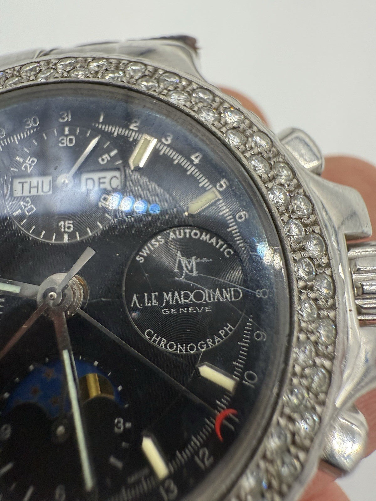 A.LE MARQUAND AUTOMATIC TRIPLE DATE CHRONOGRAPH MOON PHASE DIAMOND WATCH SWISS