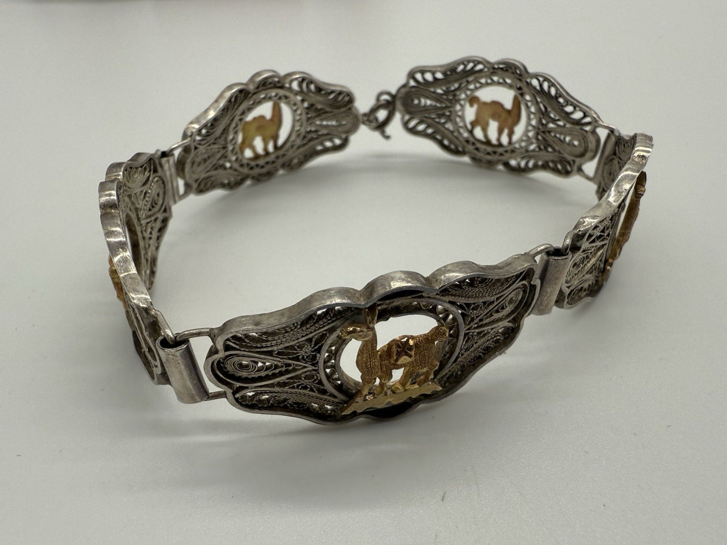 VINTAGE PERUANISCHES ARMBAND SILBER MIT 18K GOLD TIERMOTIV LAMA 20cm