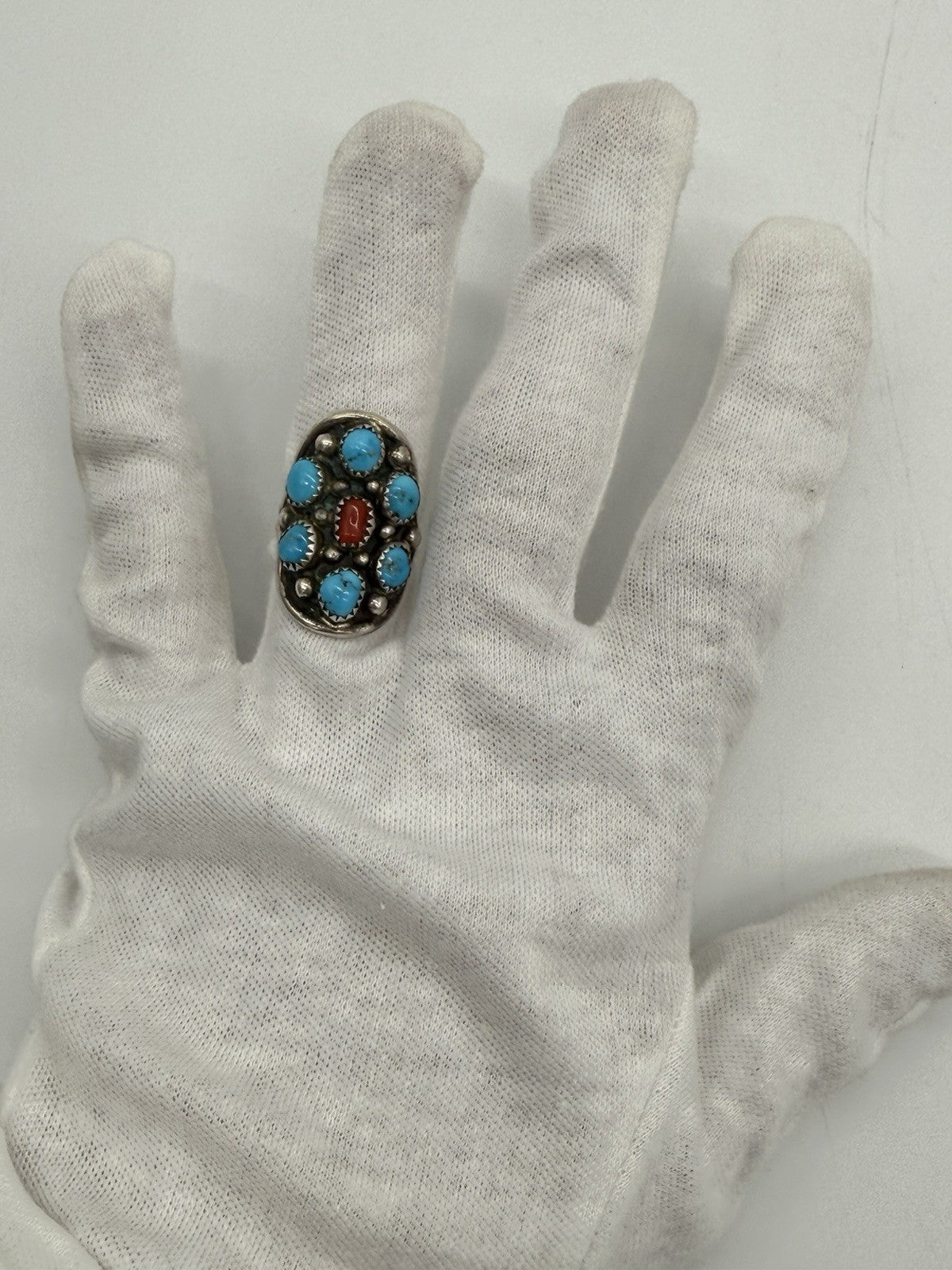 NAVAJO RING 925 SILBER BLAU TÜRKIS & KORALLE SIGNIERT ELGIN HASKEY GR.57