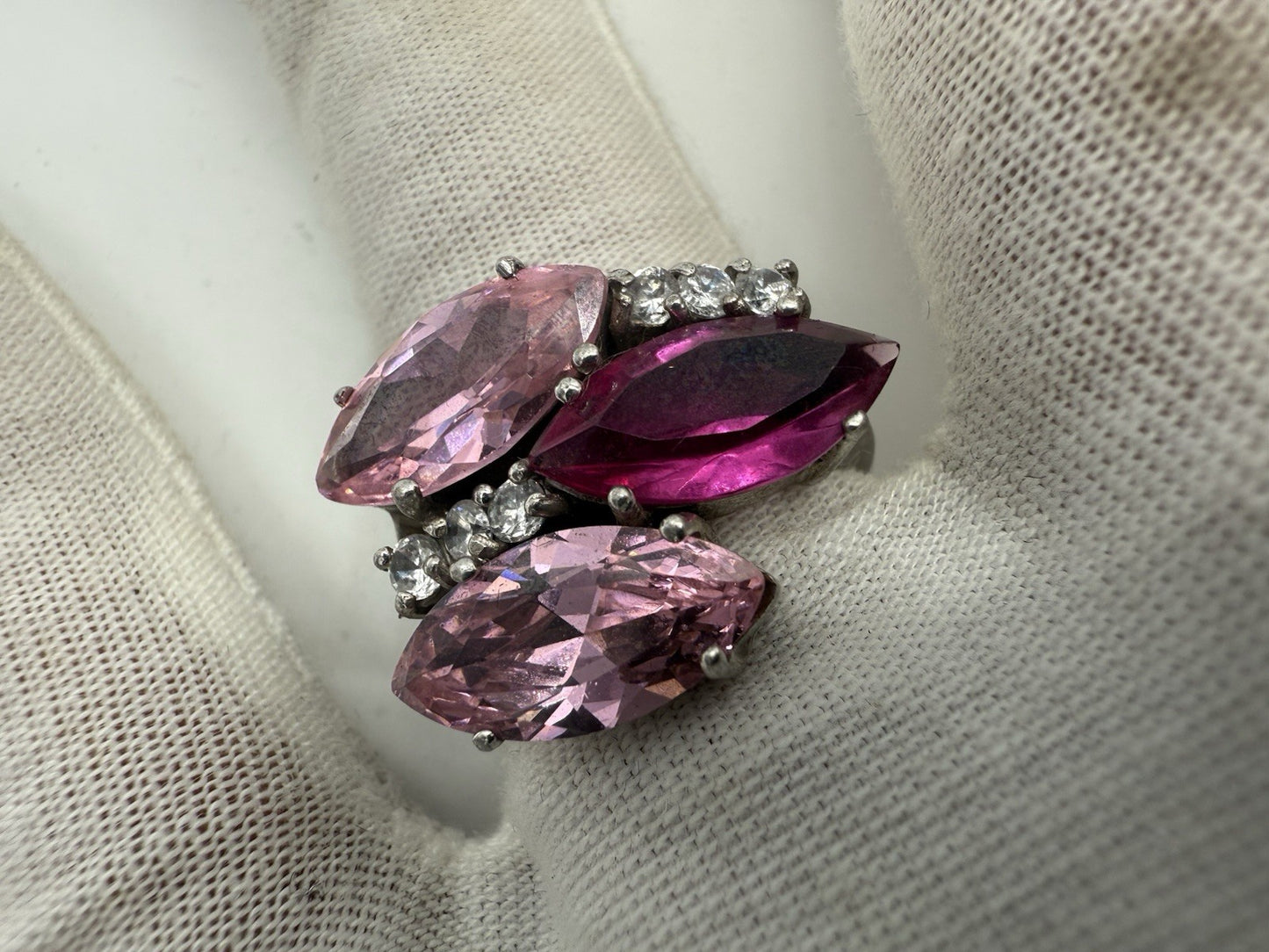 VINTAGE DAMEN RING 925 SILBER - PINKE NAVETTE-KRISTALLE & ZIRKONIA GR.58