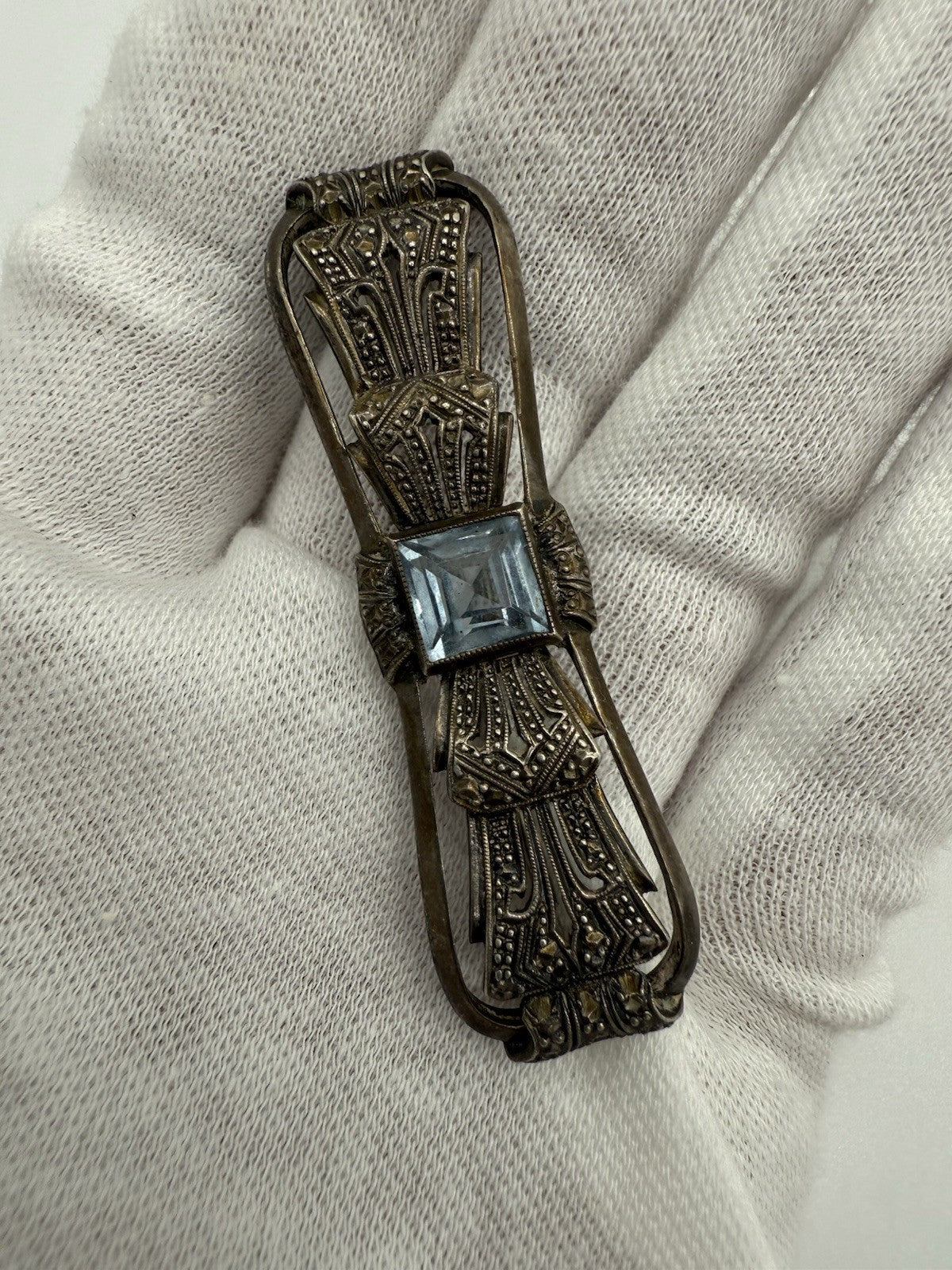 ART DECÒ HELLBLAUER AQUAMARIN BROSCHE 835 SILBER 1930s HELLBLAU