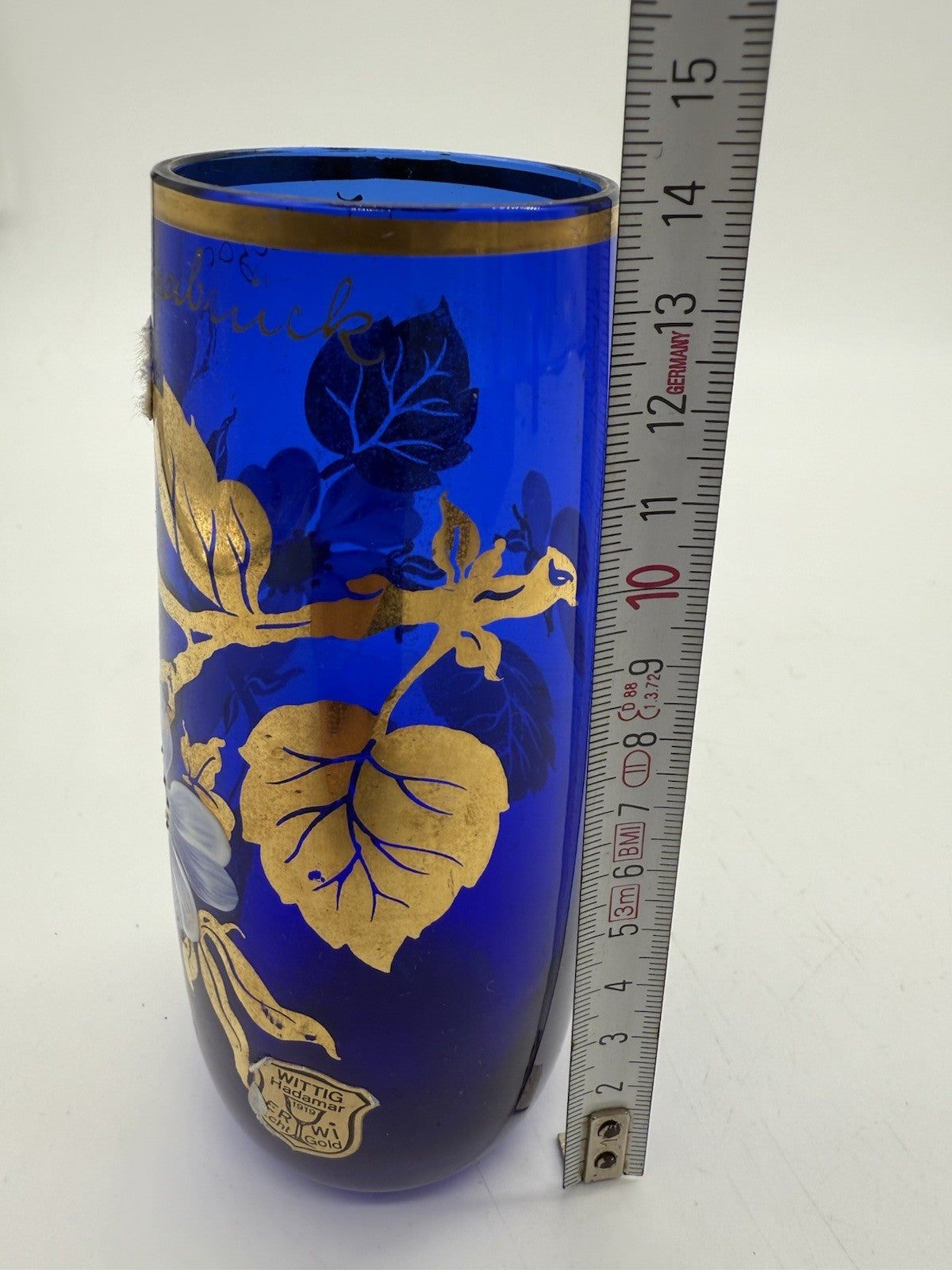 KOBALTBLAU JUGENDSTIL GLASVASE VERGOLDET ANTIK WITTIG HANDMADE 1919 16cm