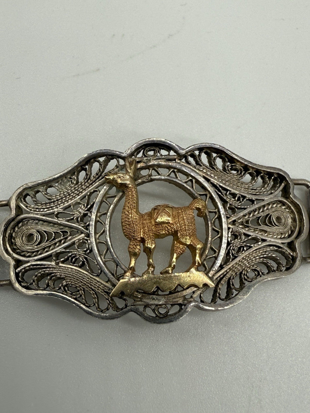 VINTAGE PERUANISCHES ARMBAND SILBER MIT 18K GOLD TIERMOTIV LAMA 20cm