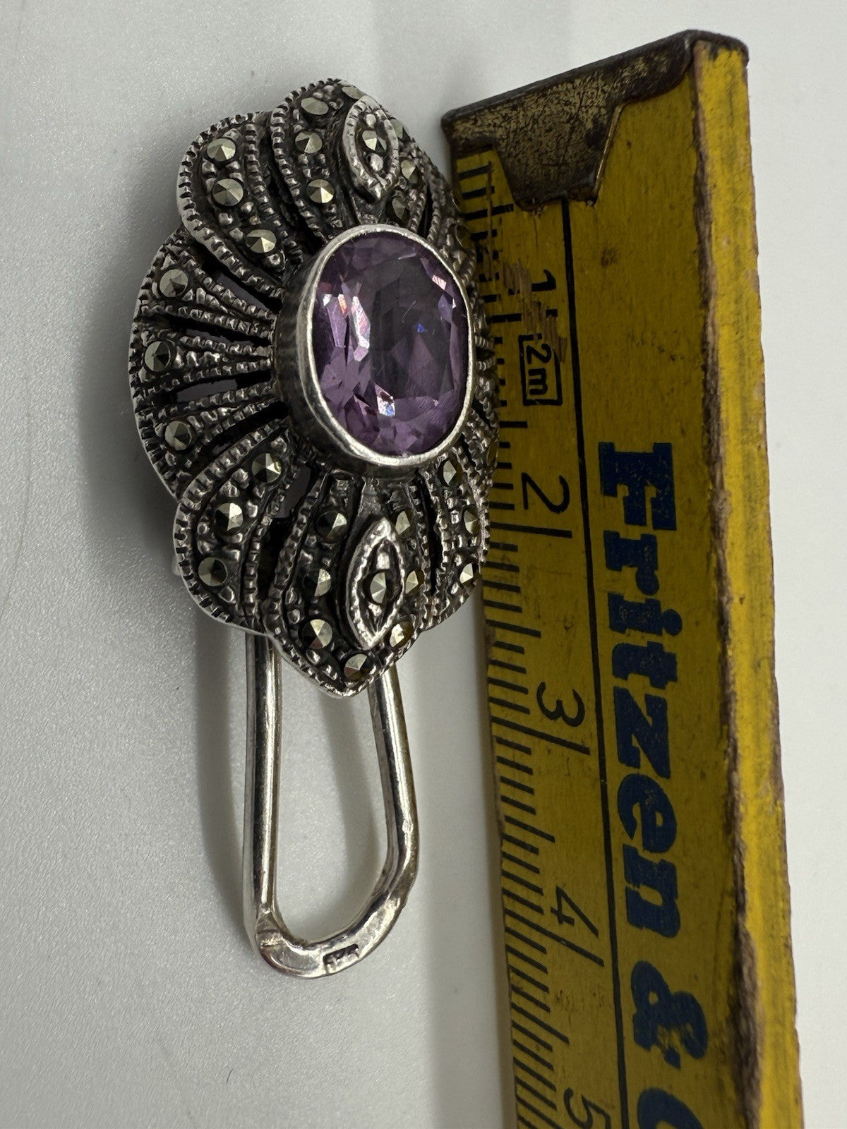 VINTAGE 925 SILBER JUGENDSTIL BROSCHE MIT AMETHYST & MARKASITEN