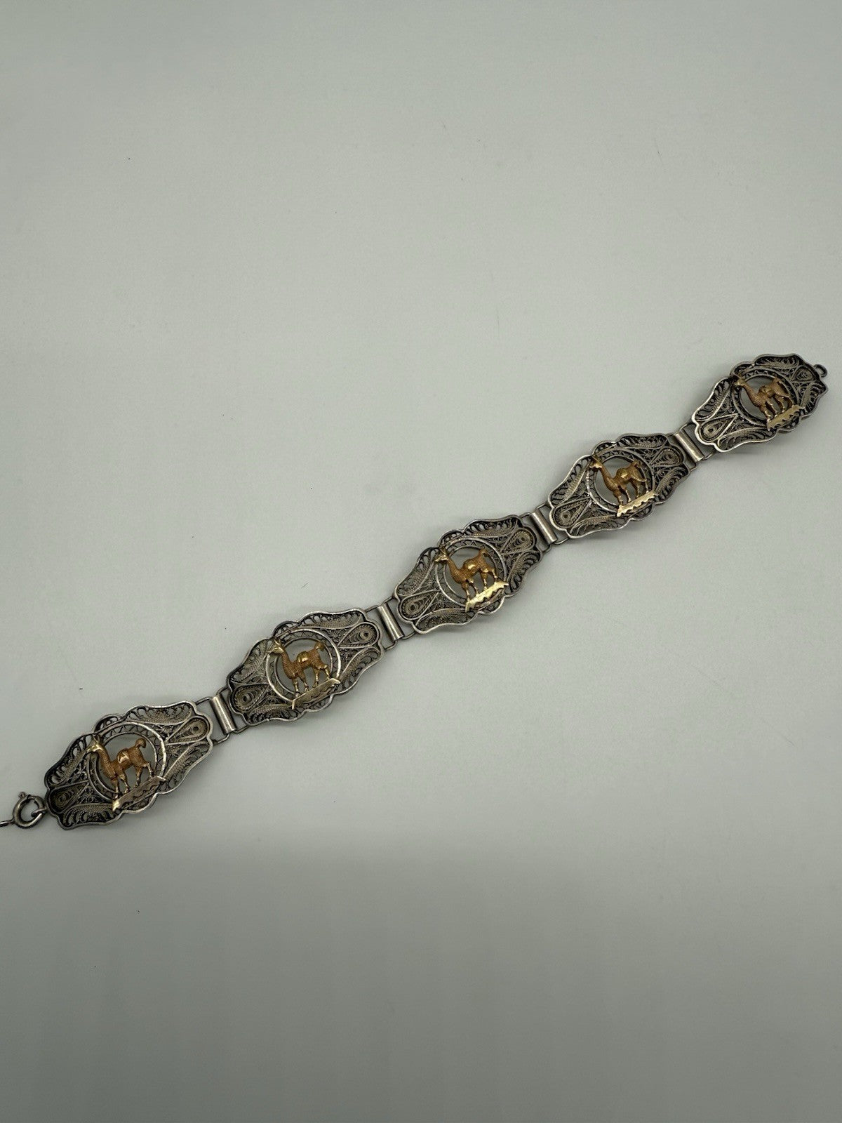 VINTAGE PERUANISCHES ARMBAND SILBER MIT 18K GOLD TIERMOTIV LAMA 20cm