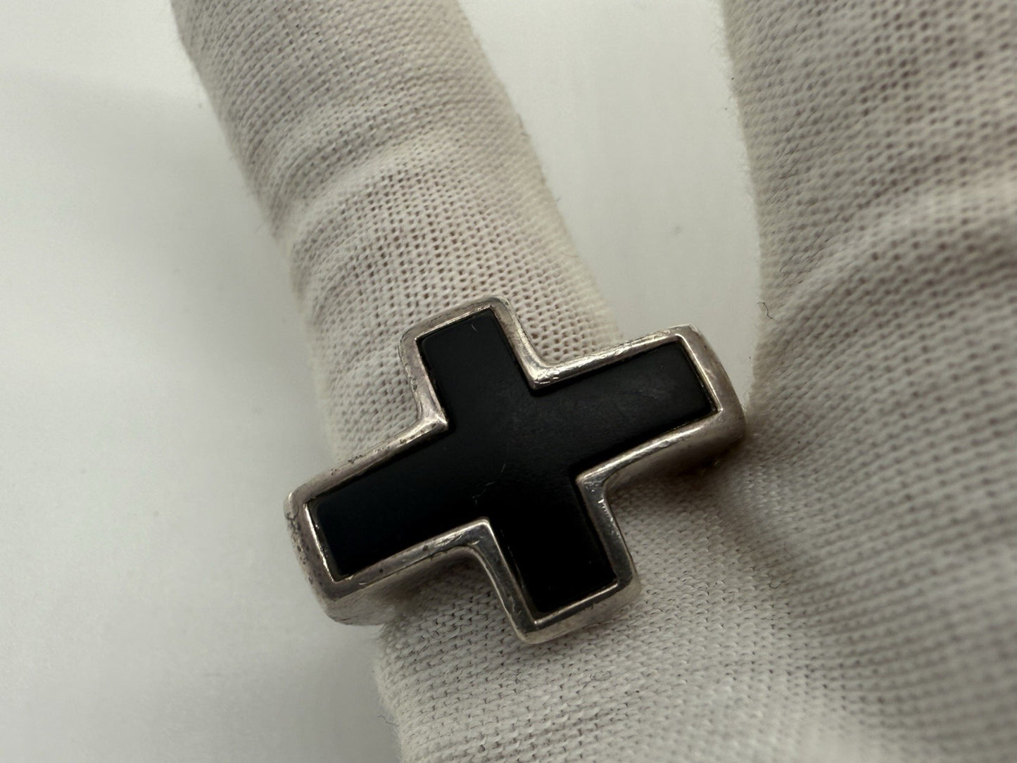 VINTAGE 925 SILBER RING ESPRIT MIT SCHWARZEM KREUZ GR.55