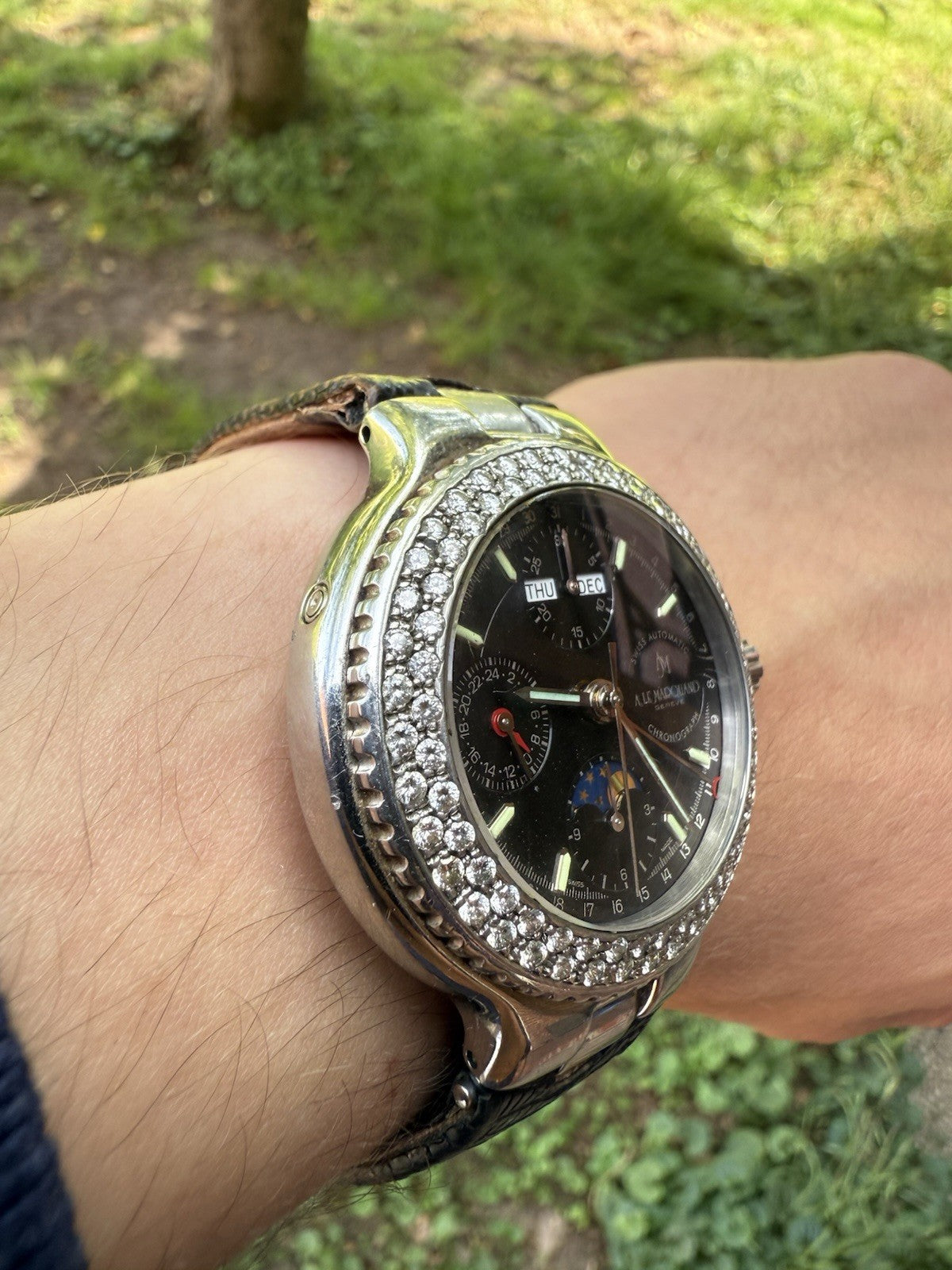 A.LE MARQUAND AUTOMATIC TRIPLE DATE CHRONOGRAPH MOON PHASE DIAMOND WATCH SWISS