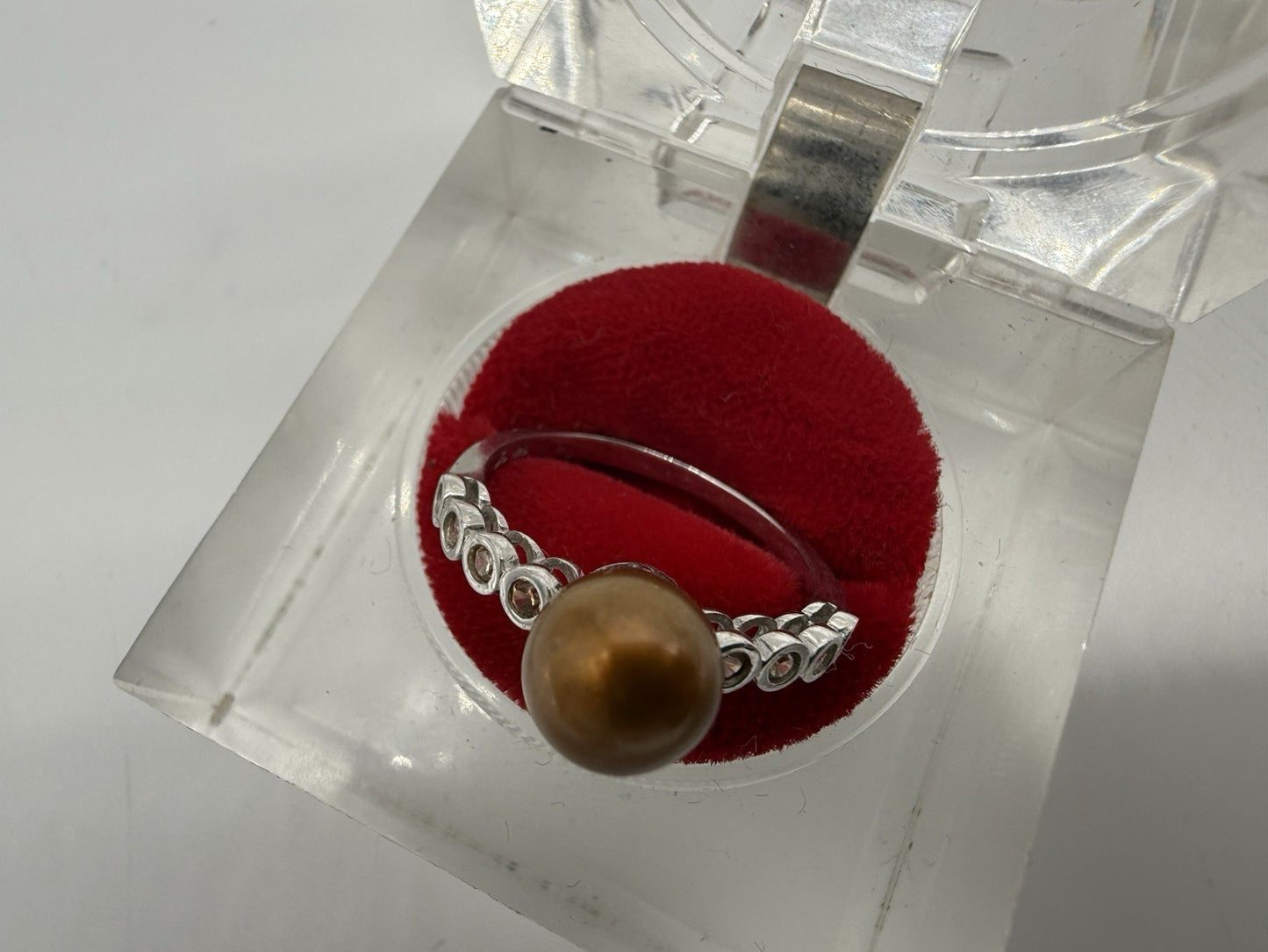 VINTAGE 925 STERLING SILBER VERLOBUNGSRING MIT GOLDENER PERLE GR.57