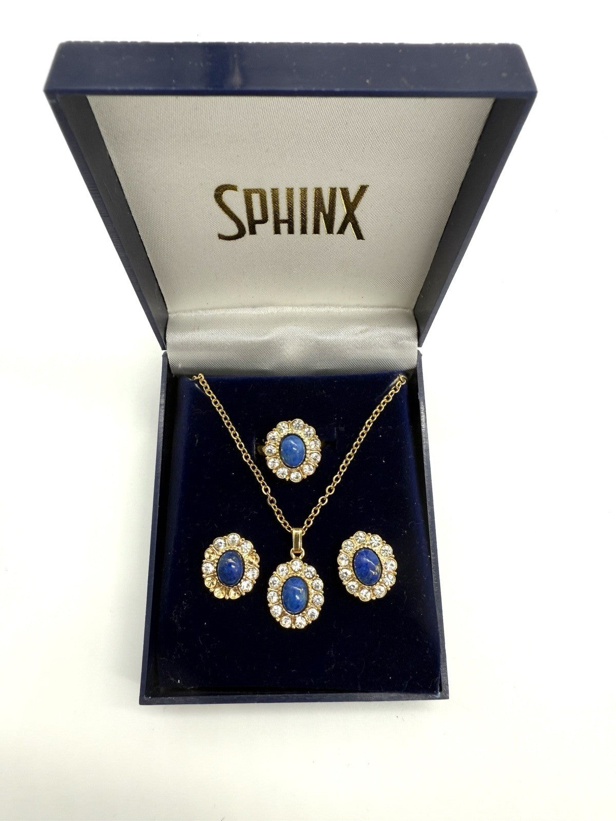 VINTAGE SCHMUCKSET BLAU-GOLD MIT STRASS - HALSKETTE, OHRSCHMUCK & RING