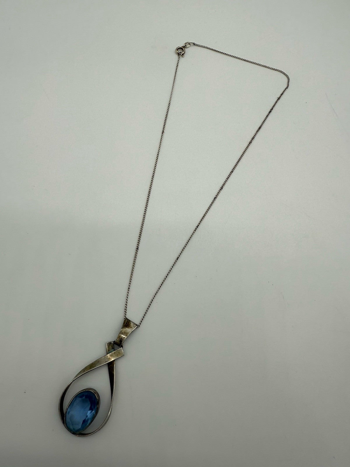 835 SILBER ANHÄNGER MIT BLAUEN STEIN - MID CENTURY STIL + 835 KETTE