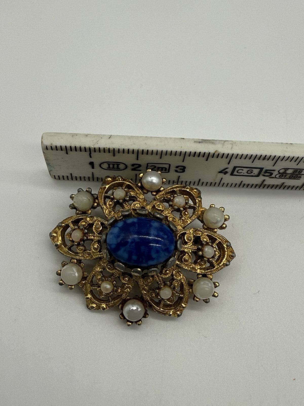VINTAGE JUGENDSTIL BROSCHE LAPISLAZULI UND PERLEN ANSTECKNADEL VERGOLDET
