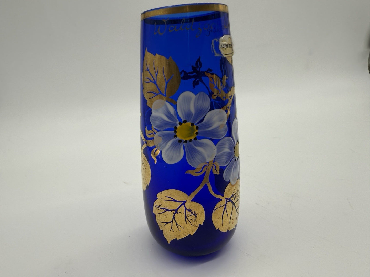 KOBALTBLAU JUGENDSTIL GLASVASE VERGOLDET ANTIK WITTIG HANDMADE 1919 16cm