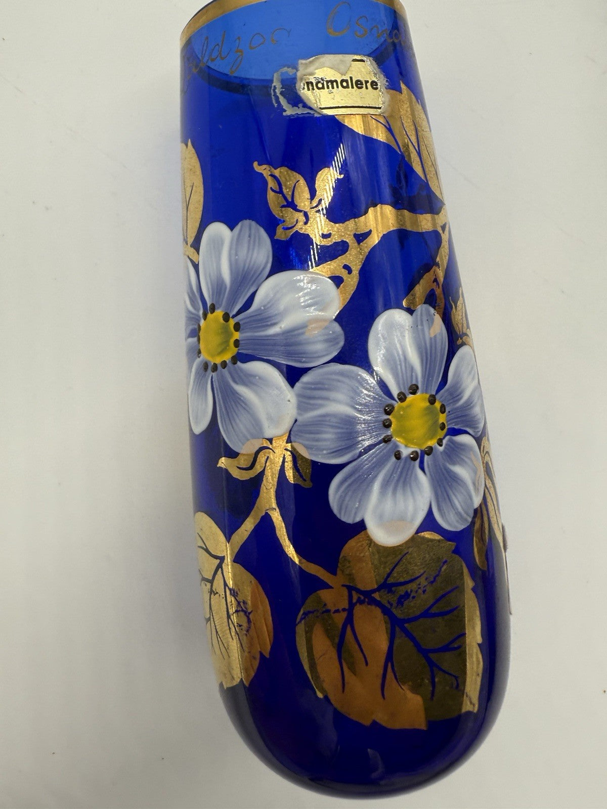 KOBALTBLAU JUGENDSTIL GLASVASE VERGOLDET ANTIK WITTIG HANDMADE 1919 16cm