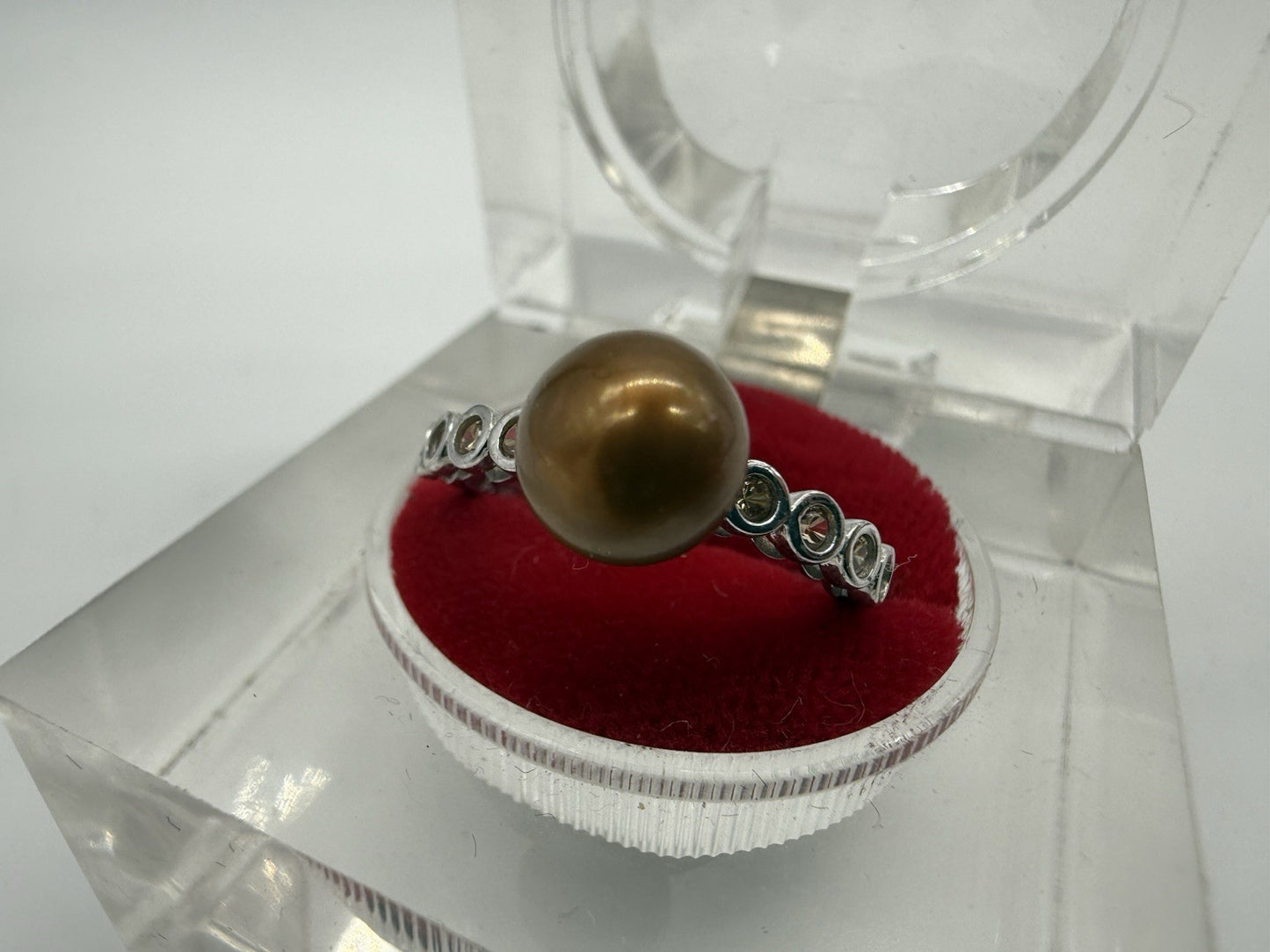 VINTAGE 925 STERLING SILBER VERLOBUNGSRING MIT GOLDENER PERLE GR.57
