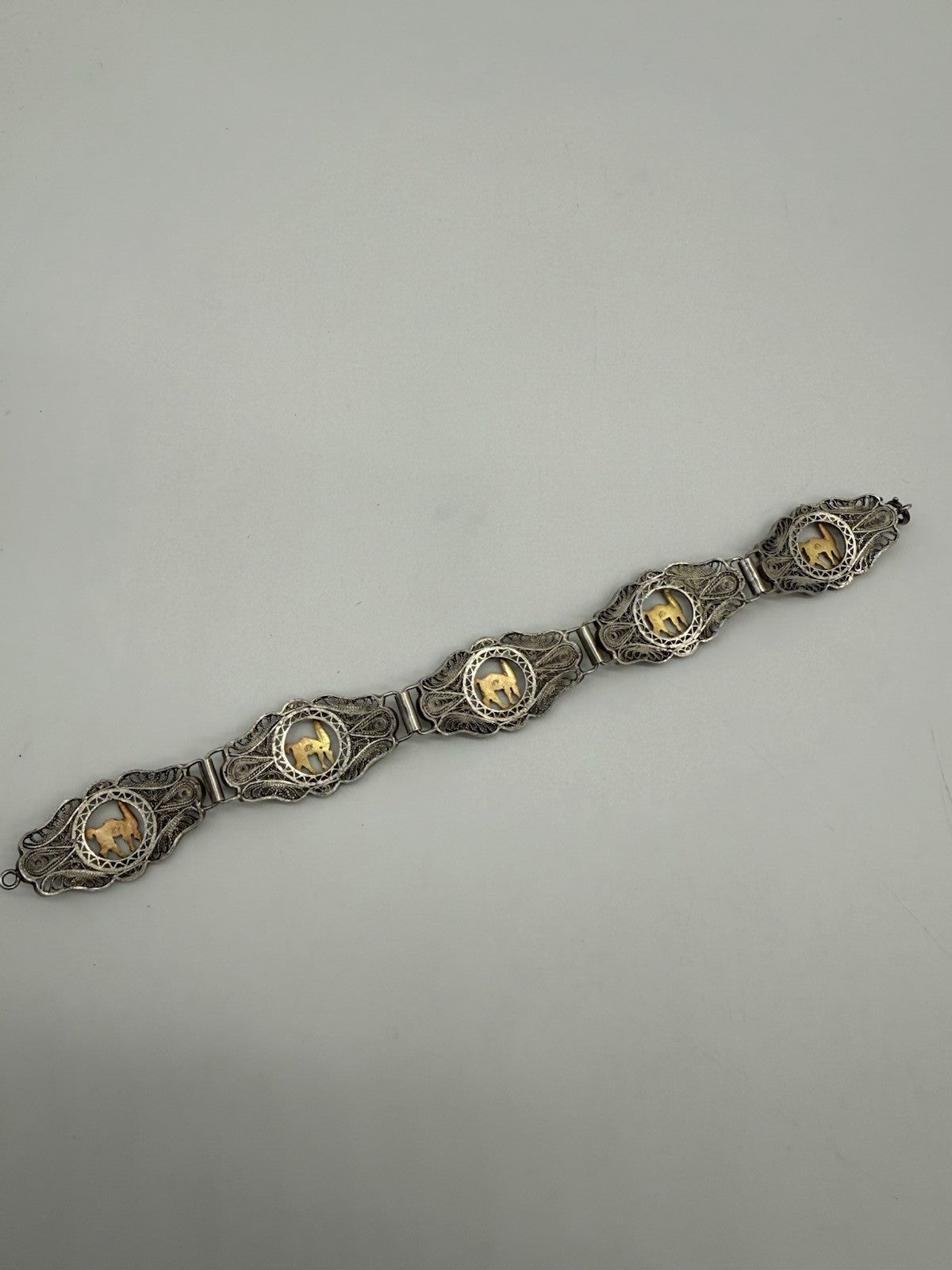 VINTAGE PERUANISCHES ARMBAND SILBER MIT 18K GOLD TIERMOTIV LAMA 20cm