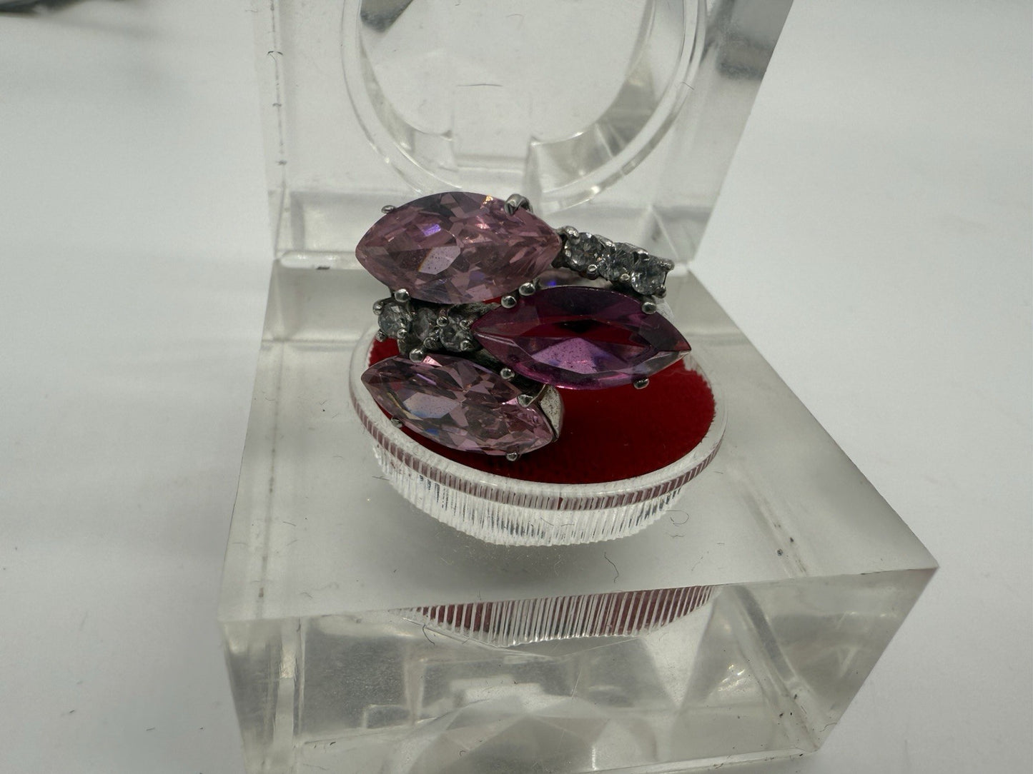VINTAGE DAMEN RING 925 SILBER - PINKE NAVETTE-KRISTALLE & ZIRKONIA GR.58