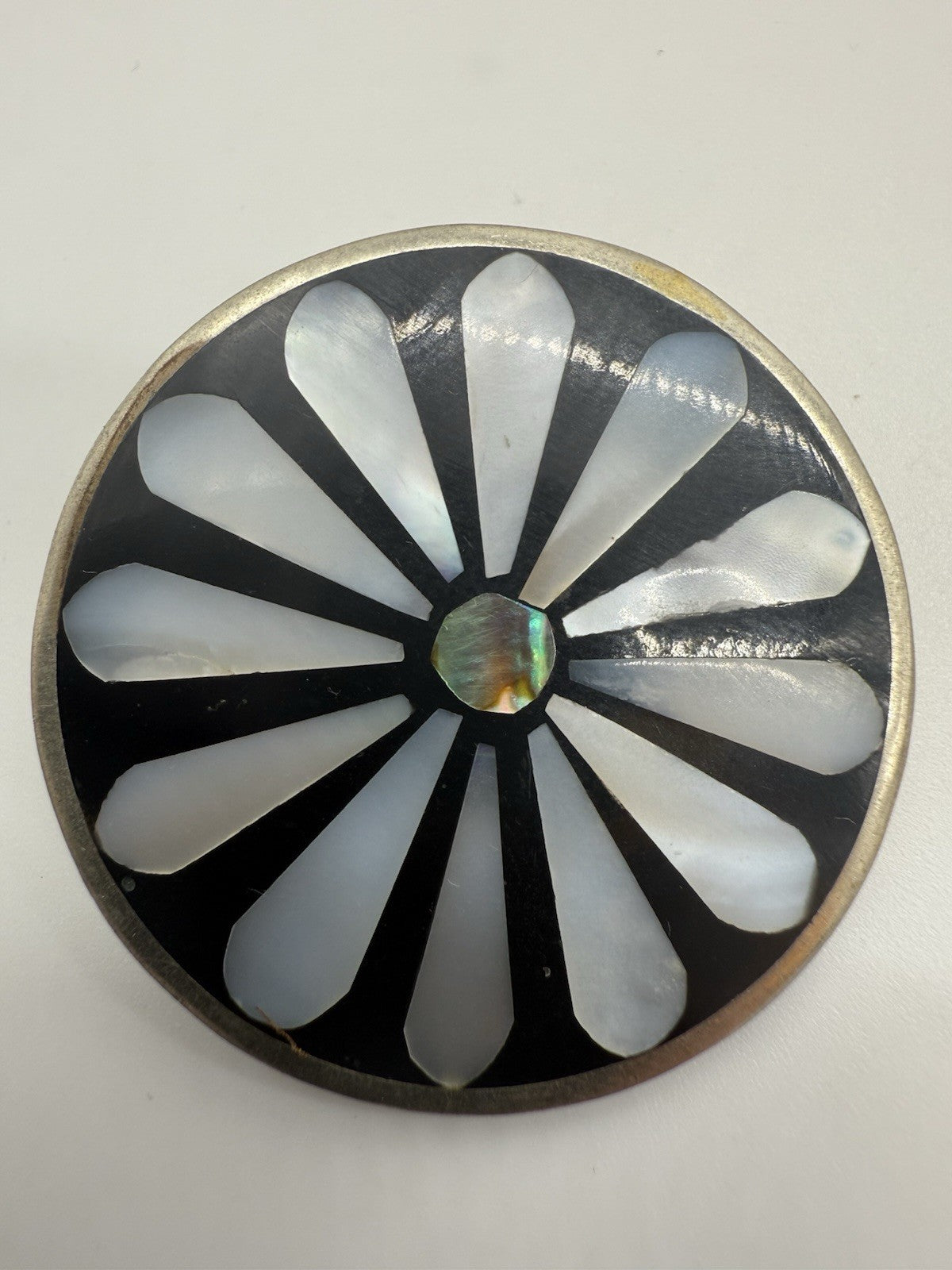 VINTAGE SIGNIERTE MEXIKO SILBER ANHÄNGER BROSCHE MIT ONYX & MUSCHEL