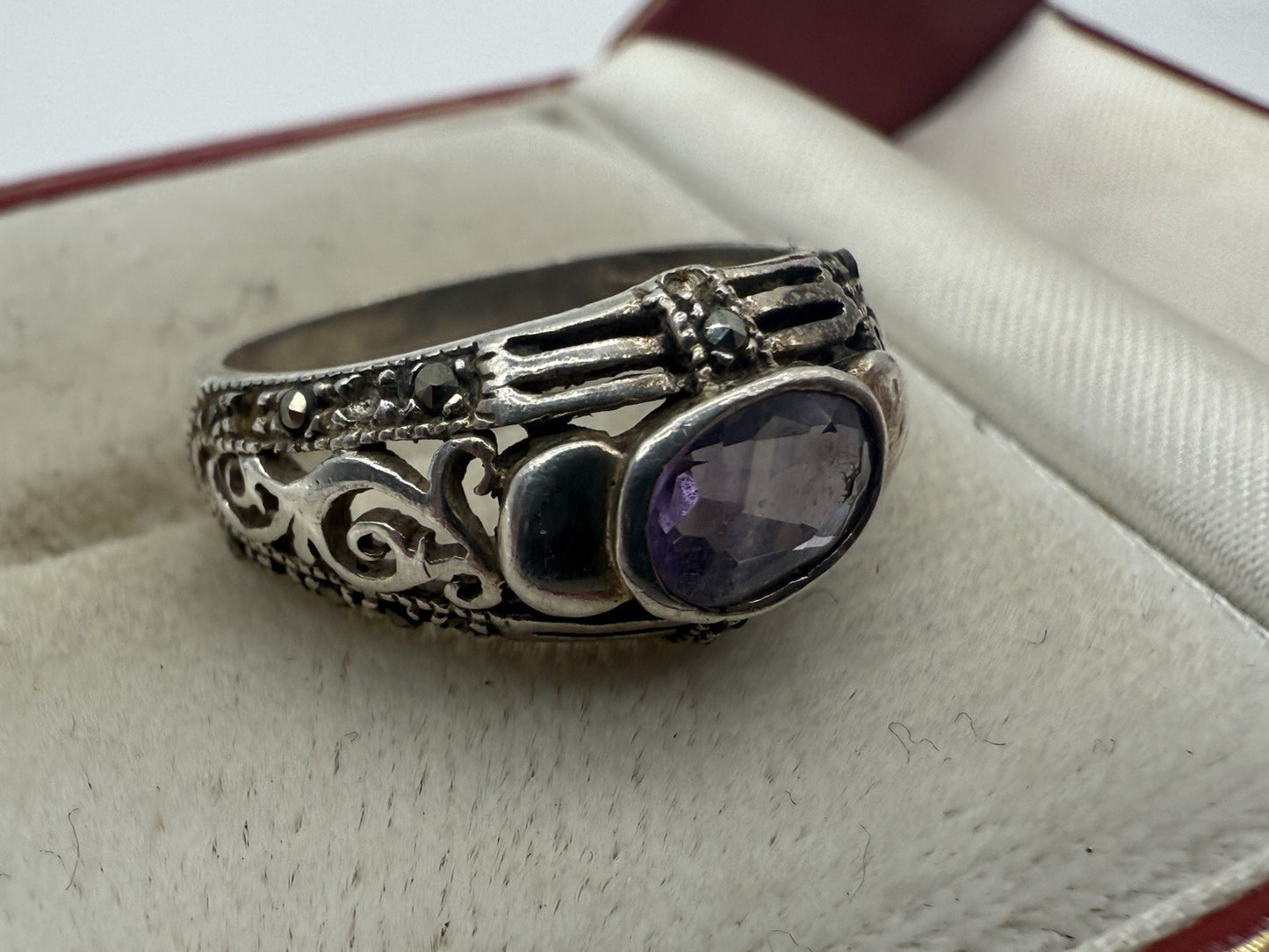 VINTAGE AMETHYST 925er STERLING SILBER RING MIT MARKASITEN GR.55