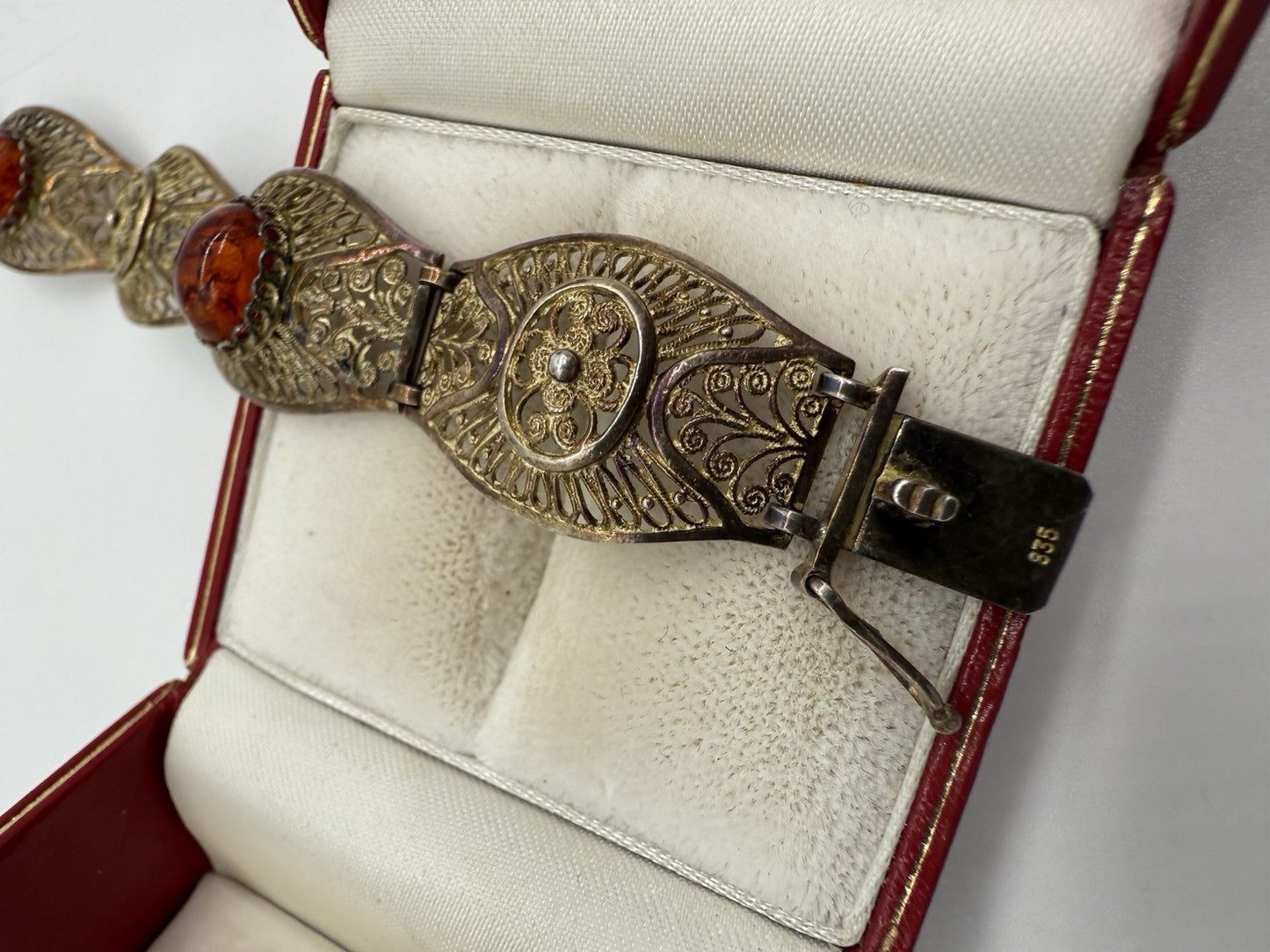 VINTAGE FILIGRANES DAMENARMBAND AUS 800 SILBER MIT BERNSTEIN - VERGOLDET