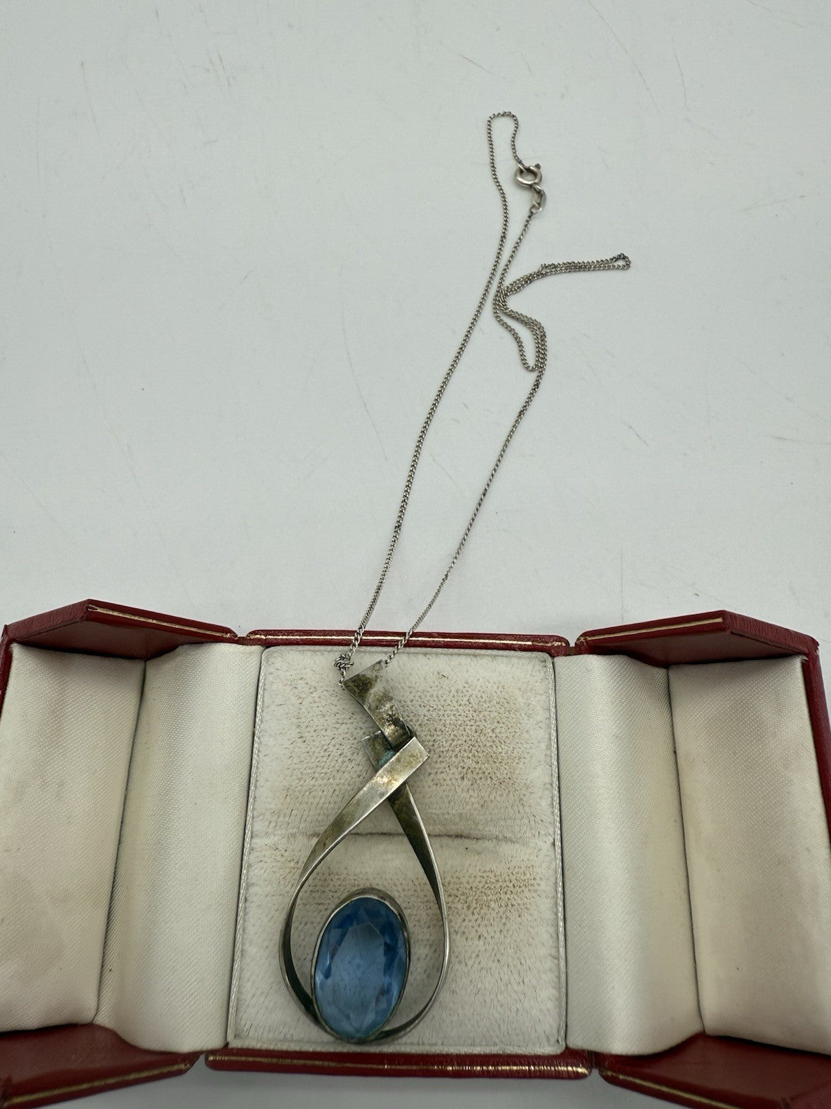 835 SILBER ANHÄNGER MIT BLAUEN STEIN - MID CENTURY STIL + 835 KETTE