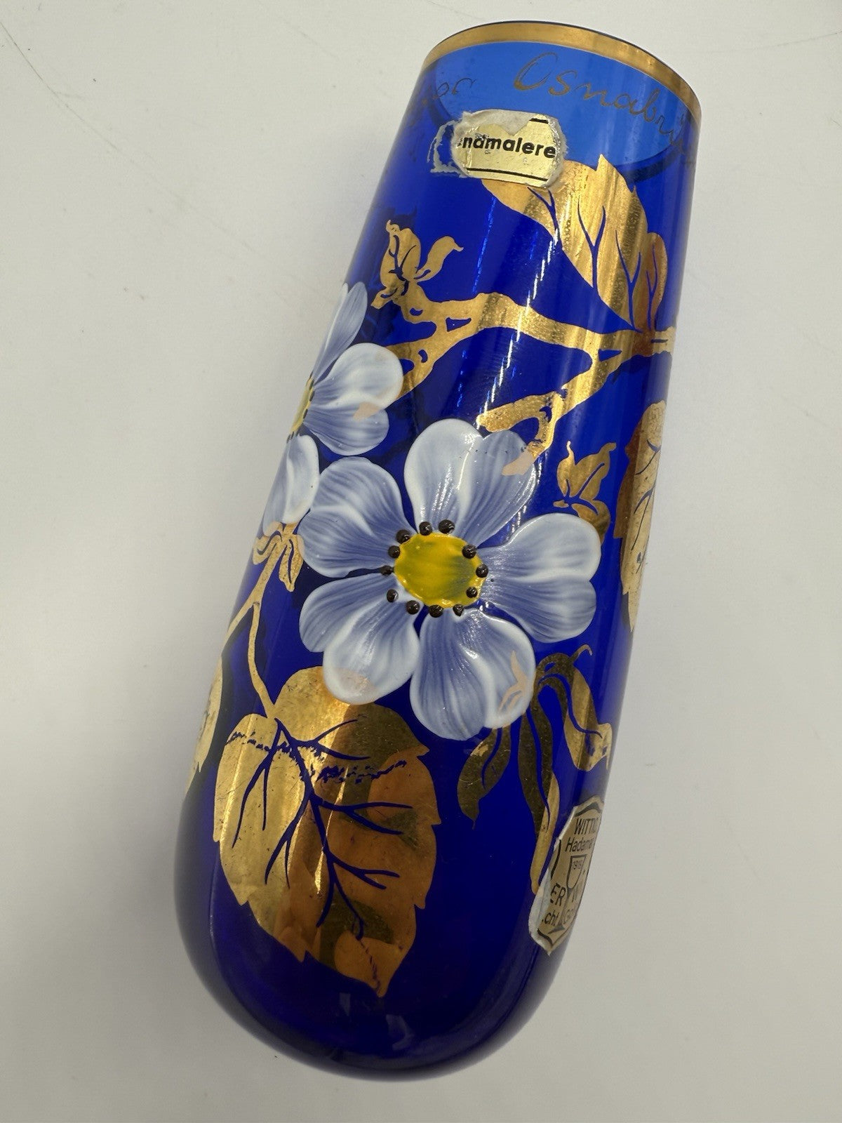 KOBALTBLAU JUGENDSTIL GLASVASE VERGOLDET ANTIK WITTIG HANDMADE 1919 16cm