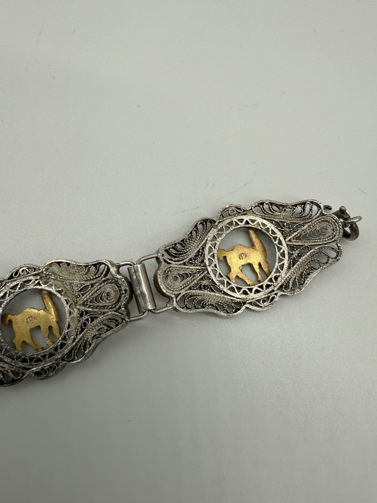 VINTAGE PERUANISCHES ARMBAND SILBER MIT 18K GOLD TIERMOTIV LAMA 20cm