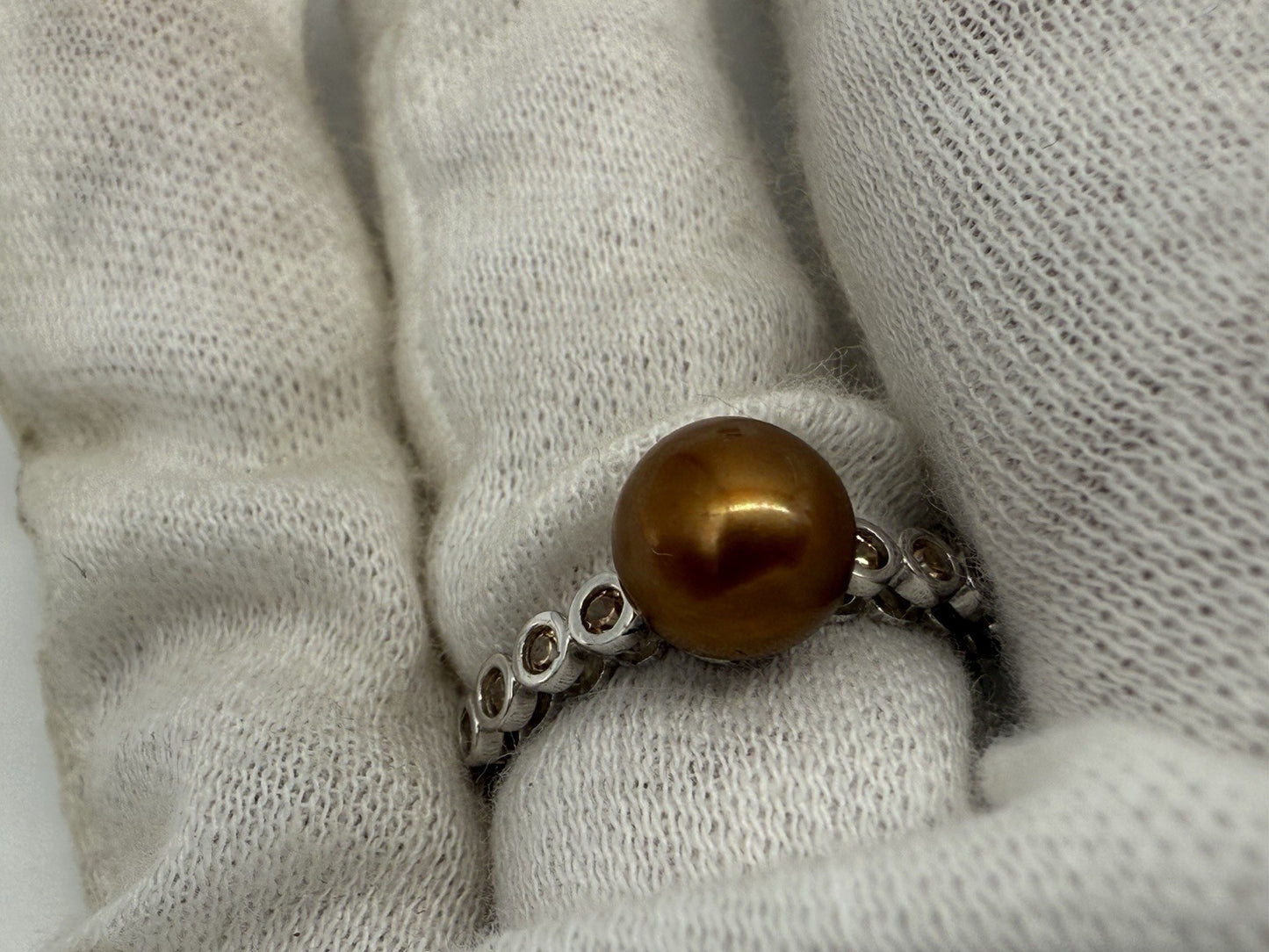 VINTAGE 925 STERLING SILBER VERLOBUNGSRING MIT GOLDENER PERLE GR.57