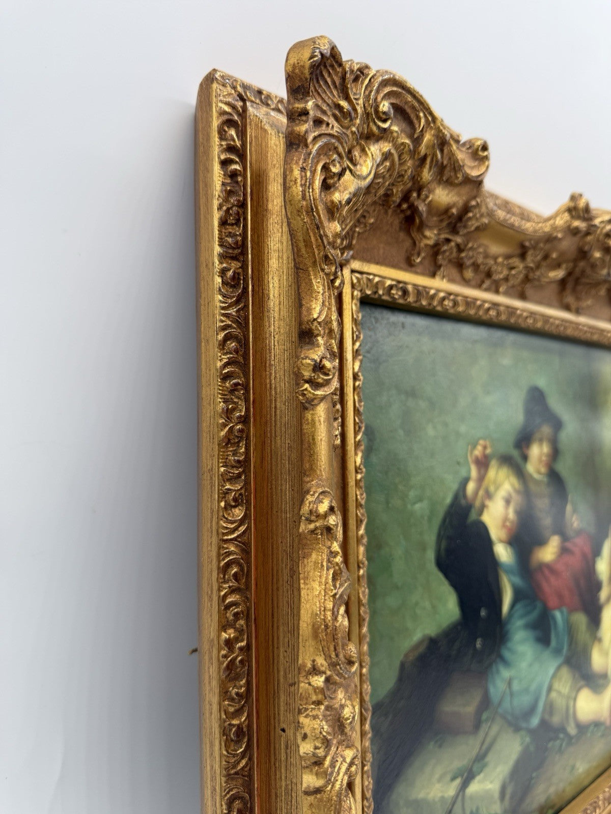 ÖL GEMÄLDE AUF HOLZ KINDER MIT HUND - SIGNIERT J. WAGNER ANTIKER GOLDRAHMEN