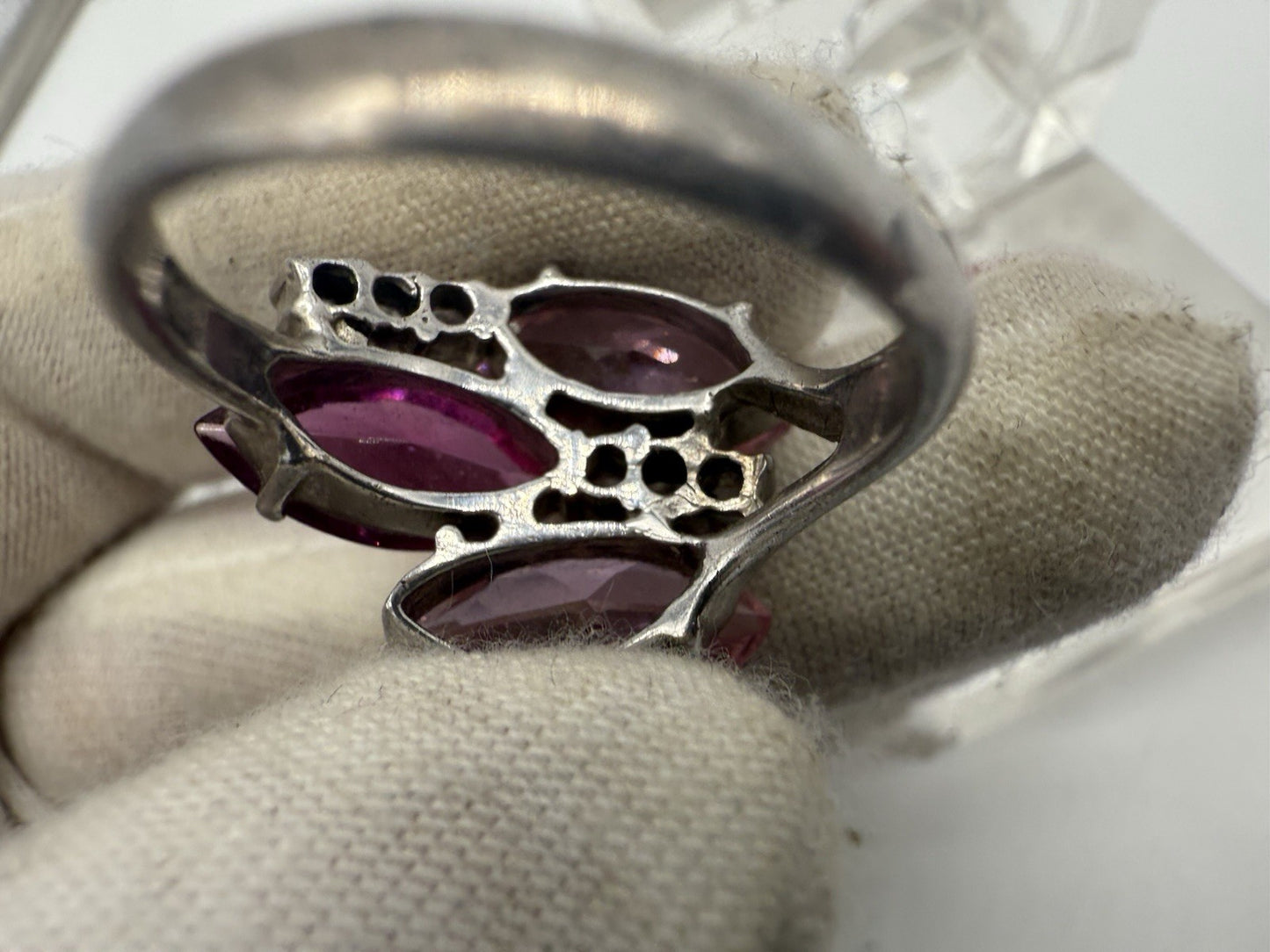 VINTAGE DAMEN RING 925 SILBER - PINKE NAVETTE-KRISTALLE & ZIRKONIA GR.58