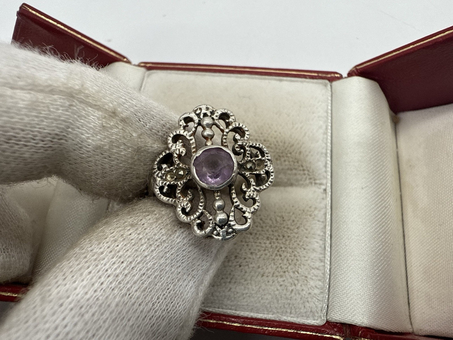 VINTAGE ART DECO STERLING SILBER AMETHYST FILIGRAN RING GR.56