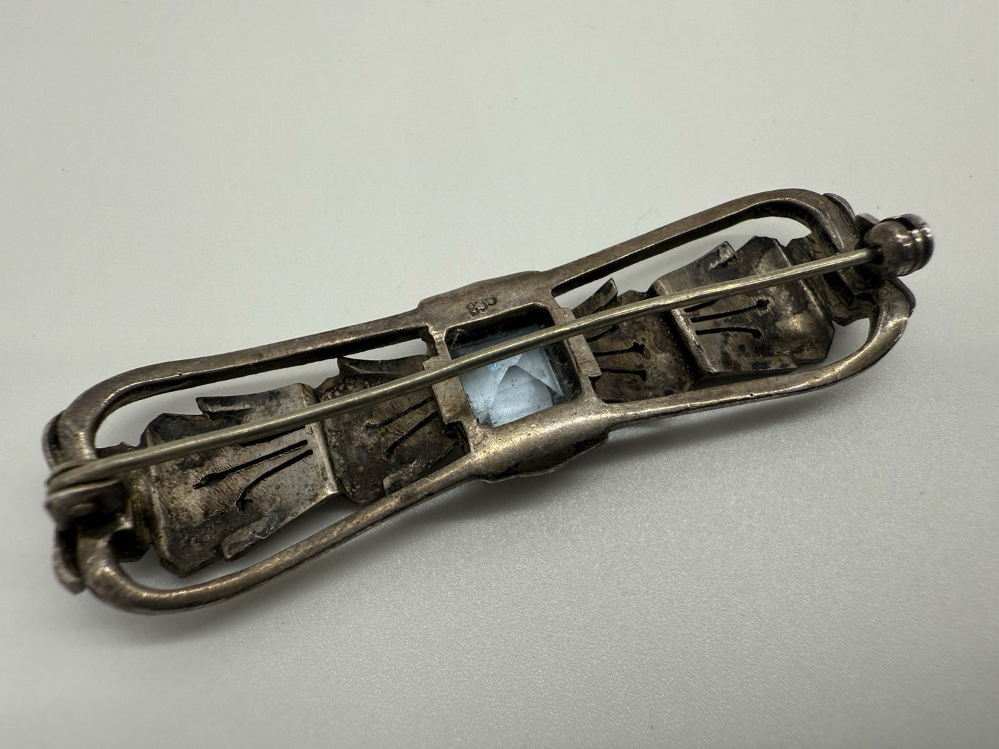 ART DECÒ HELLBLAUER AQUAMARIN BROSCHE 835 SILBER 1930s HELLBLAU