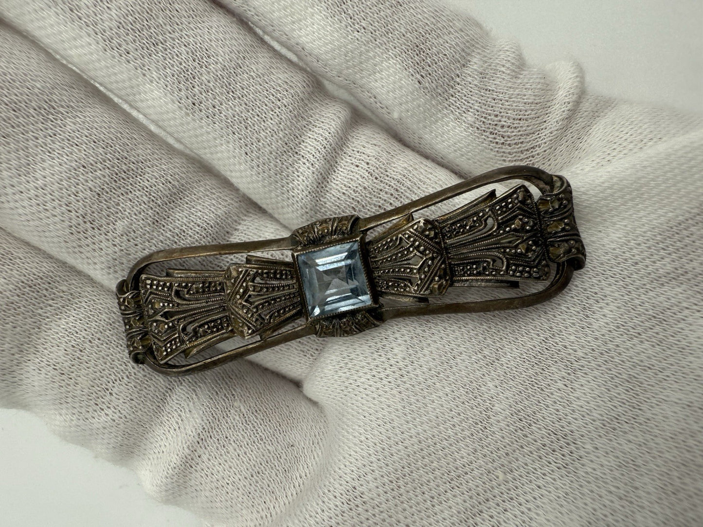 ART DECÒ HELLBLAUER AQUAMARIN BROSCHE 835 SILBER 1930s HELLBLAU